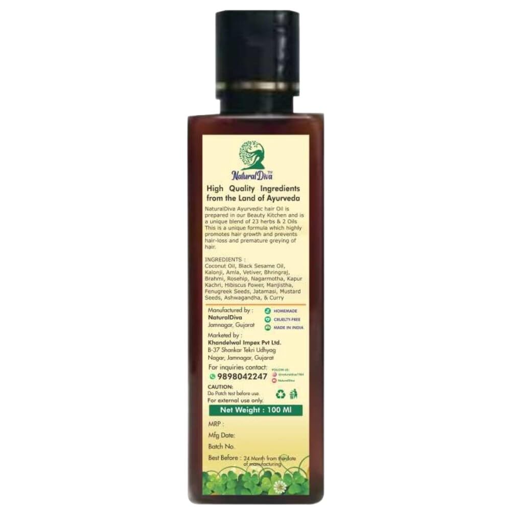 Natural Diva Ayurveda Hair Oil for Long & Voluminous Hair - Herbal Hair Growth Treatment to Reduce Hair Fall (100ml) | Daily Nourishment for Dry, Damaged Hair | Perfect for Scalp Massage & Overnight Hair Care