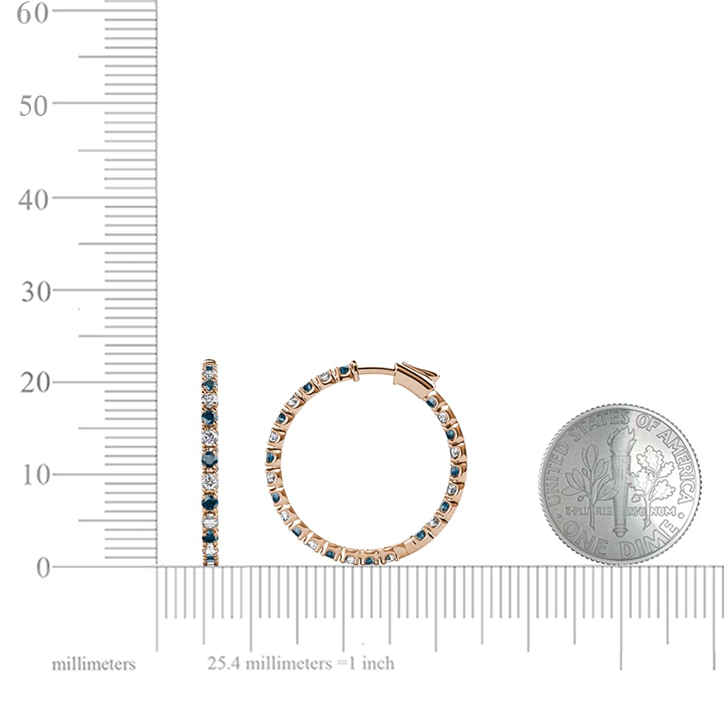 14K Rose Gold Blue & White Natural Diamond Inside-Out Hoop Earrings 0.90 ctw - Perfect for Weddings, Parties & Special Occasions