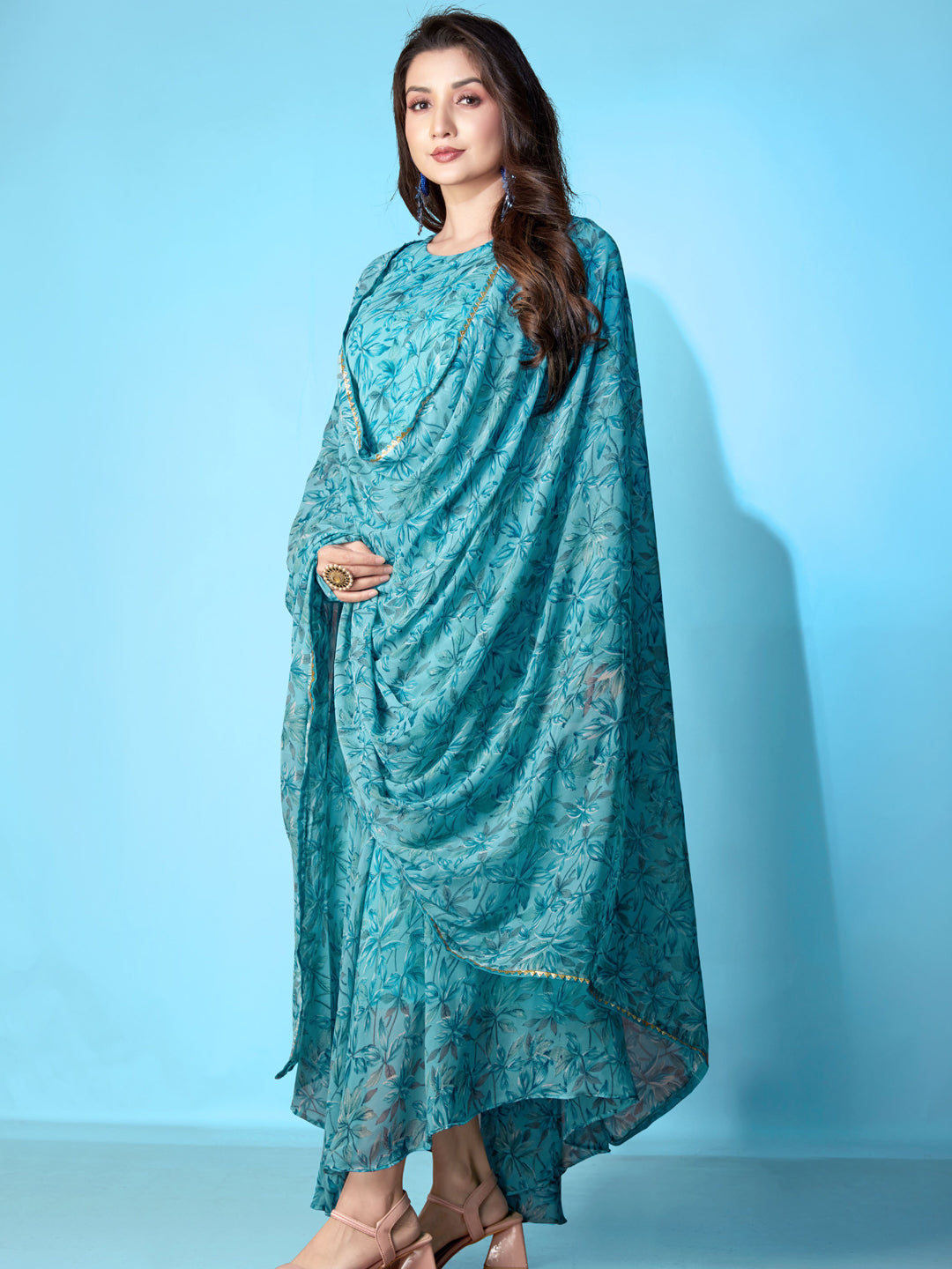 Elegant Blue Designer Gown with Printed Dupatta - Perfect for Weddings, Parties & Special Occasions