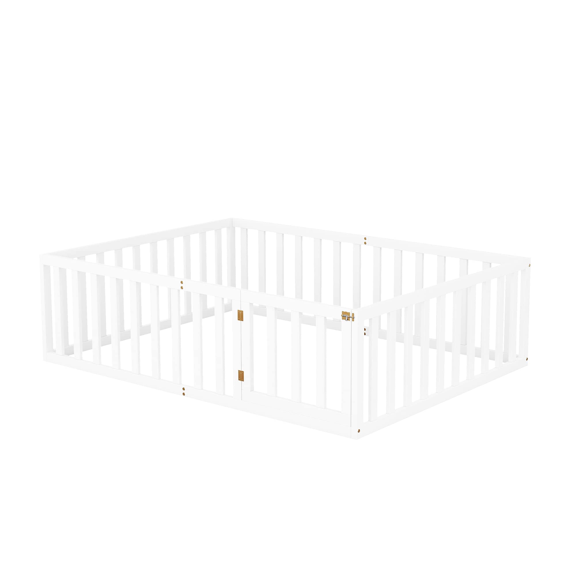 Polibi Full Size Wooden Floor Bed Frame with Fence & Door - Open Row Design White Platform Bed for Kids & Toddlers - Perfect for Montessori Bedrooms, Daycare Centers & Safe Sleep Spaces