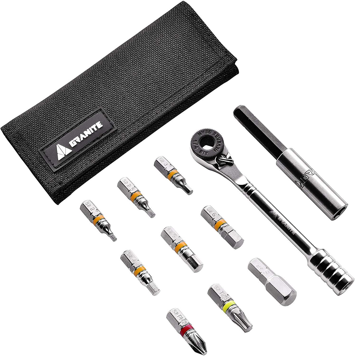 Granite Rocknroll Mini Ratchet Bike Tool Kit - 9 Tool Bits & Extension Rod for Road & Mountain Bikes | Compact Multitool for On-the-Go Bike Repairs & Maintenance