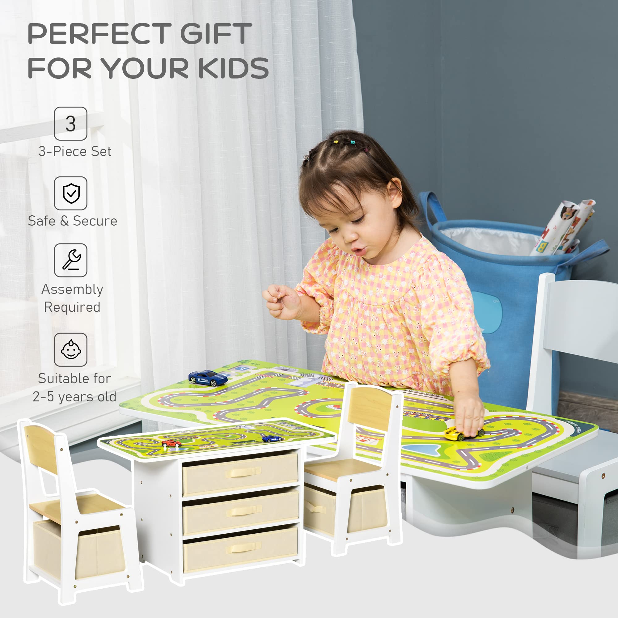 Qaba 3-in-1 Kids Activity Table and Chairs Set - Convertible Drawing Table, Building Blocks Play Table with Road Map & 2 Toy Cars, Includes Storage Baskets for Toddlers & Preschoolers - Perfect for Playroom, Daycare & Homeschool Learning Activities