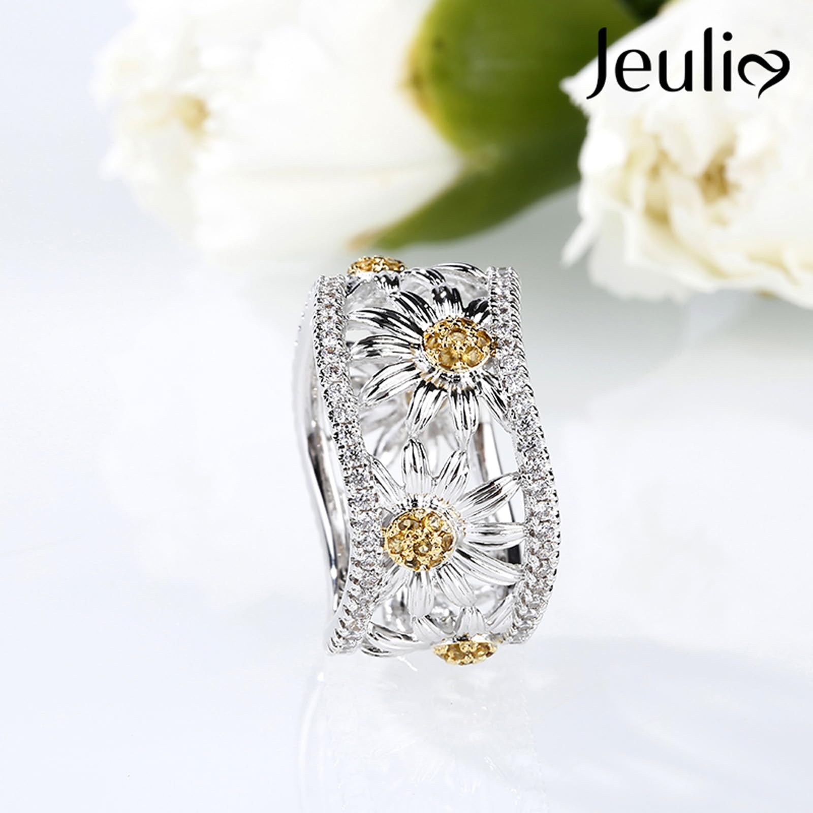 Jeulia Women's Sunflower Band Ring - S925 Sterling Silver Yellow Diamond Hollow Curved Promise Ring for Anniversary, Birthday, Valentine's Day Gift | Perfect for Everyday Wear, Date Night & Special Occasions