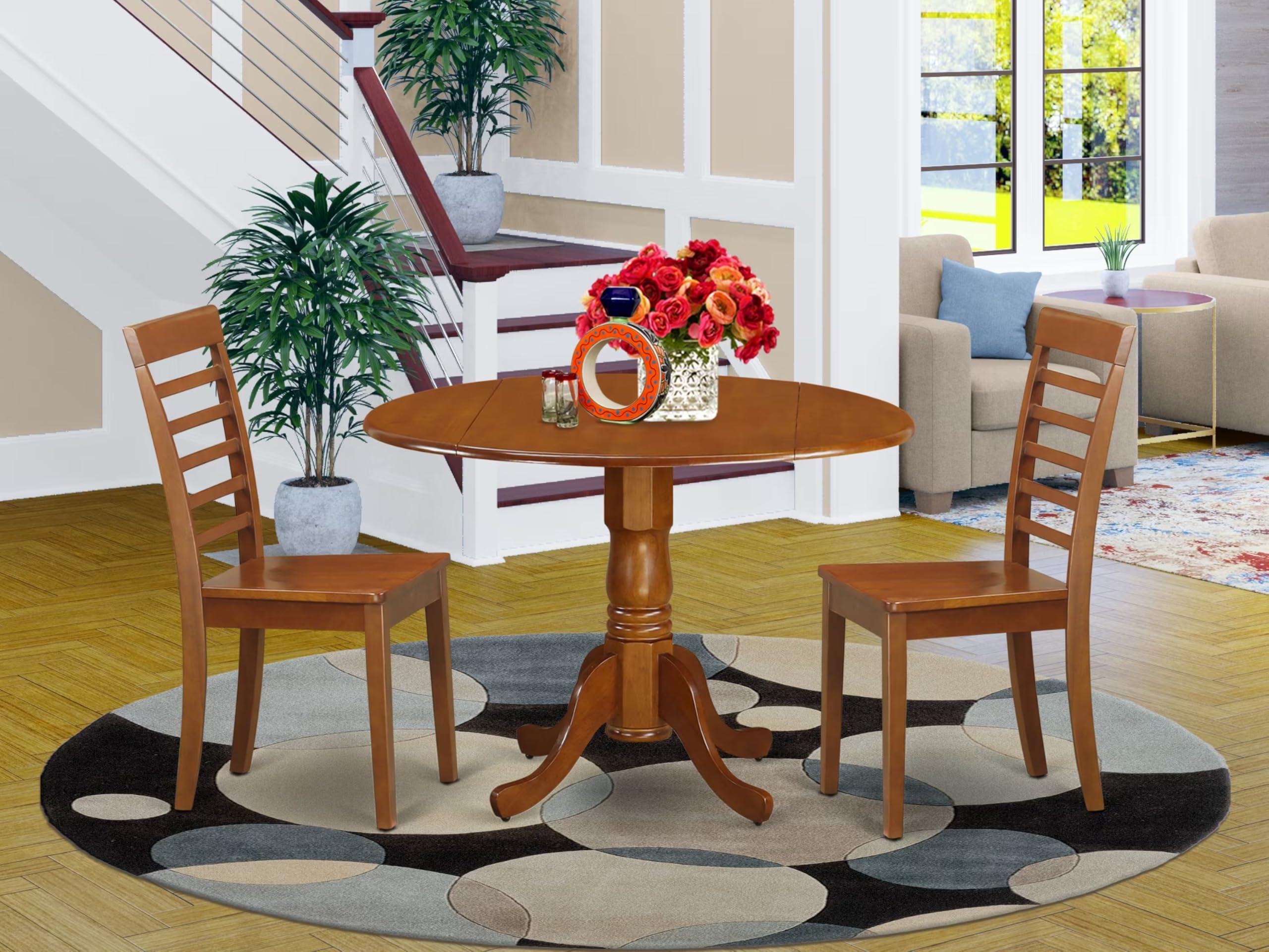 East West Furniture DLML3-SBR-W 3-Piece Round Drop Leaf Kitchen Table Set with 2 Chairs for Small Spaces, 42x42 Inch, Saddle Brown - Perfect for Apartments, Breakfast Nooks & Cozy Dining Areas