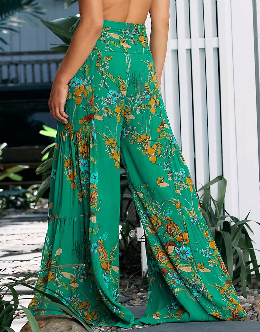 GGUHHU Women's High Waist Wide Leg Beach Pants - Floral Print Pleated Palazzo Trousers with Adjustable Belt | Summer Vacation, Boho Outfit, Casual Wear, Resort Style