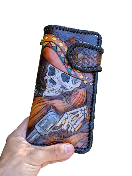 Handmade Mexican Sugar Skull 3D Genuine Leather Wallet for Men - Sombrero & Maracas Design, Long Biker Wallet with Airbrush Art, Custom Personalized Carved Skeleton Wallet - Perfect for Day of the Dead Gifts, Biker Accessories & Unique Fashion Statements