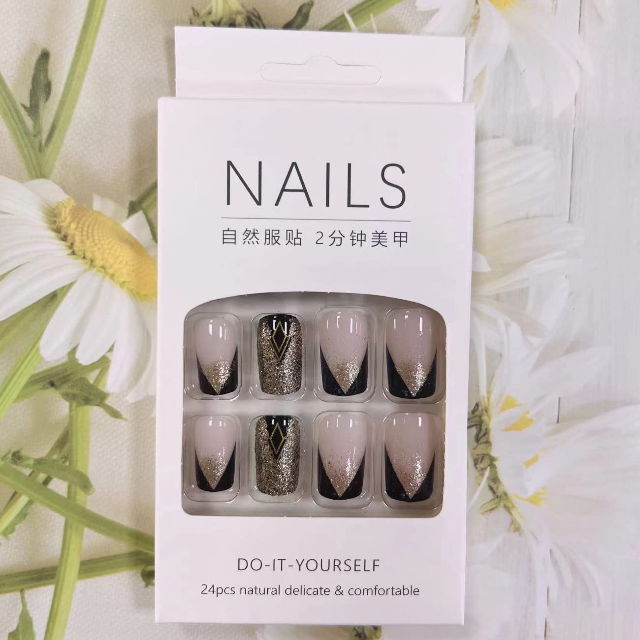 Premium French Tip Press on Nails - 24PCS Medium Length Square Fake Nails with Gold Glitter Designs | Full Cover Black Glue on False Nails for Women & Girls | Perfect for Parties, Weddings, and Special Occasions