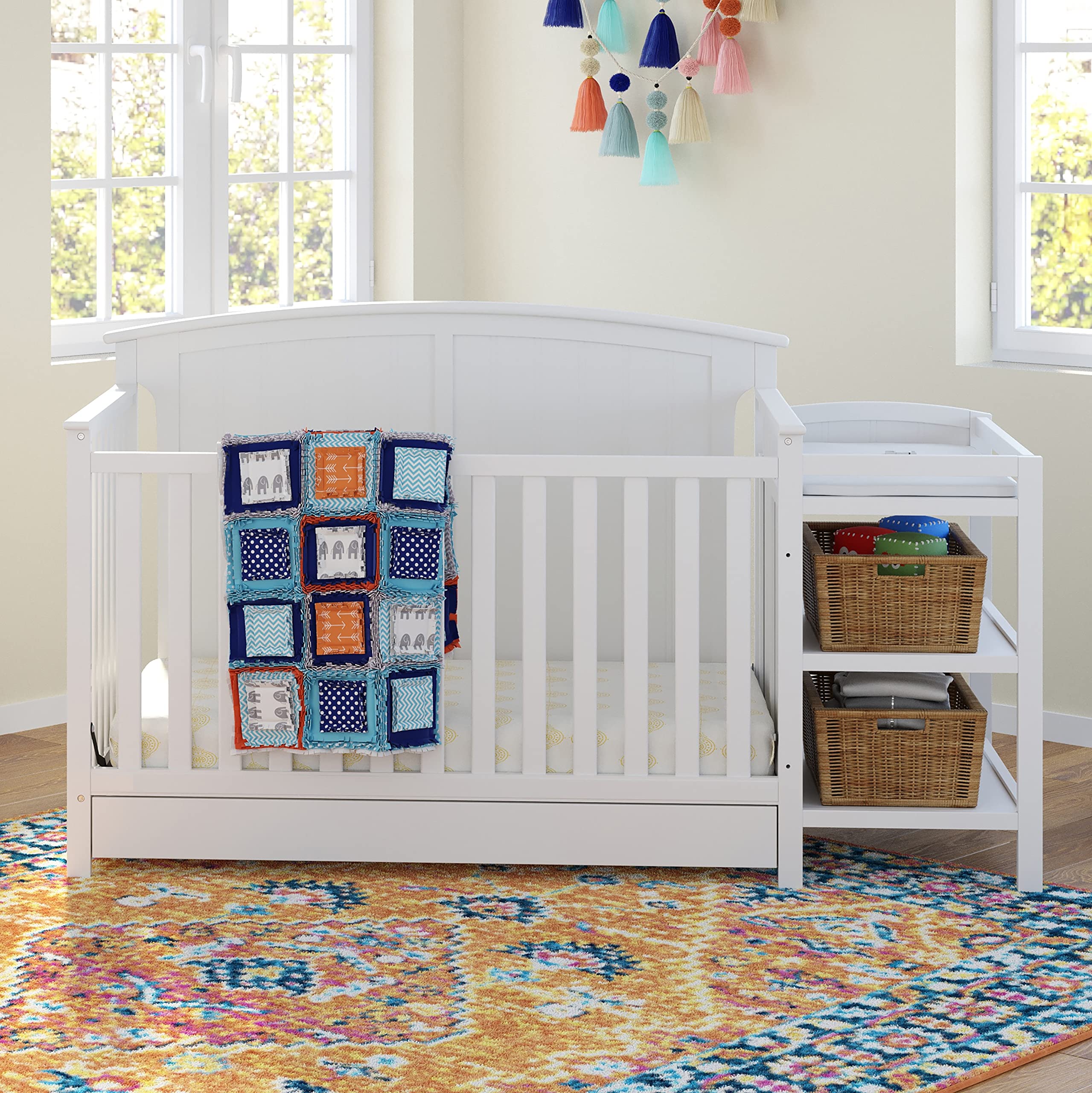 Storkcraft Steveston 5-in-1 Convertible Crib with Changing Table & Storage Drawer - GREENGUARD Gold Certified, White - Converts to Toddler Bed, Daybed & Full Size Bed - Perfect for Nursery, Baby Room & Toddler Bedroom Transition