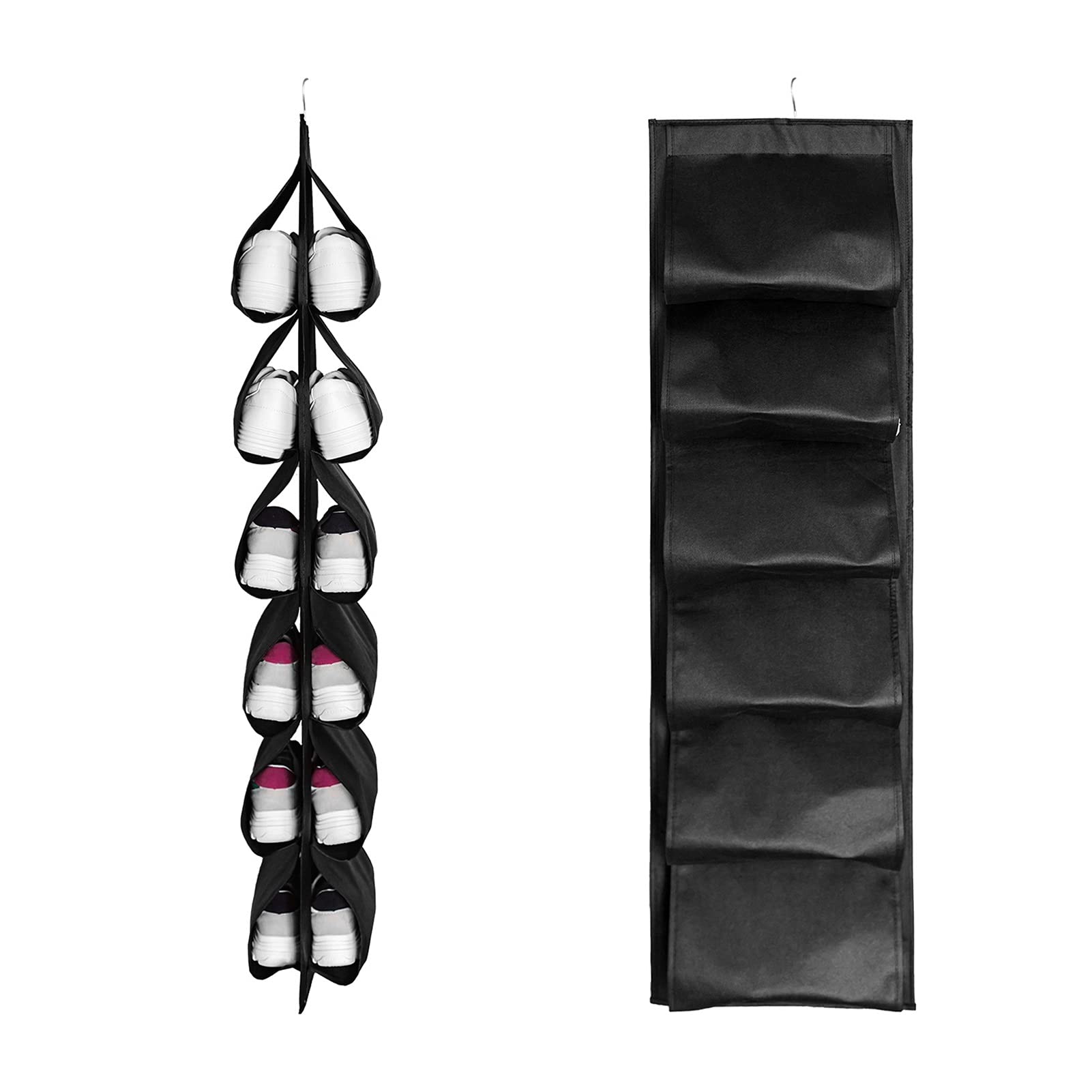 6-Pocket Hanging Organizer - Transparent Shoe Storage Bag for Closet & Door (Black) - Space Saving Wardrobe Solution