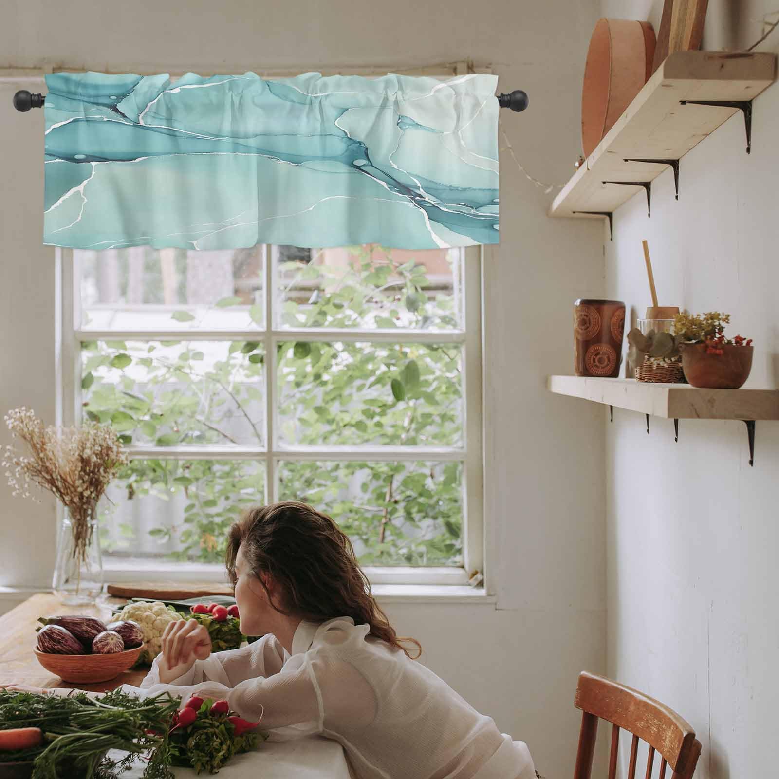 Marble Window Valance - Teal Blue Farmhouse Design for Living Room & Bedroom Decor