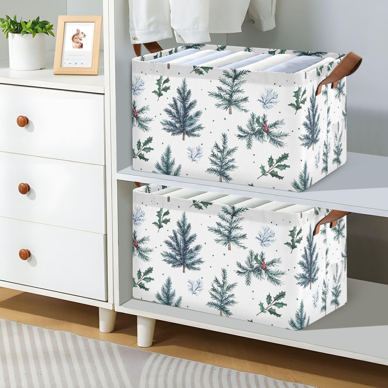 Foldable Pine Branch Storage Bins - Large Fabric Storage Box with Handles for Closet, Laundry Room & Shelves Organization | Perfect for Home, Office & Dorm Storage Solutions
