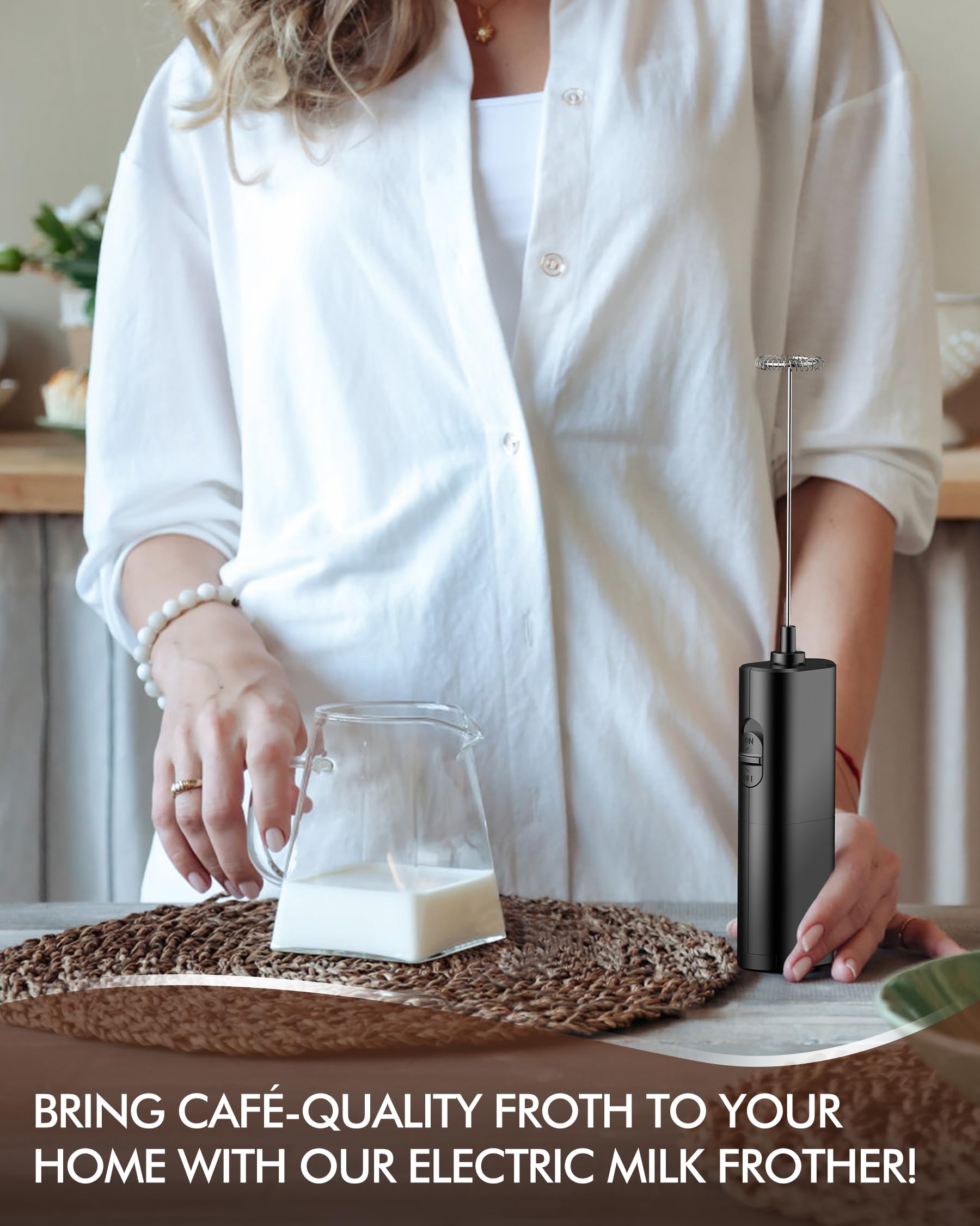 Electric Milk Frother Handheld - Battery Operated Foam Maker for Coffee, Latte, Cappuccino, Matcha & Protein Shakes - Portable Mini Whisk for Home, Office & Travel - Black
