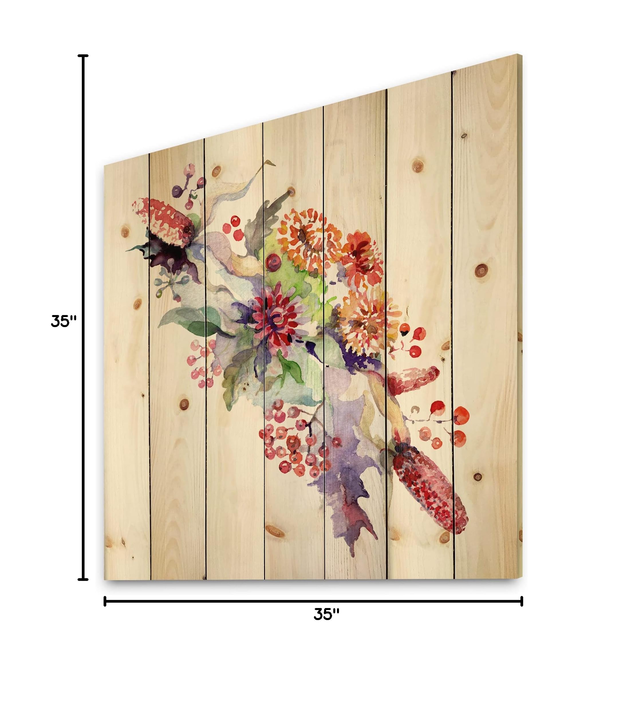 DesignQ Blue Floral Wood Wall Decor - Wildflowers & Berries Traditional Pine Wood Art Panel, Large Printed Wall Art for Living Room, Bedroom & Farmhouse Decor