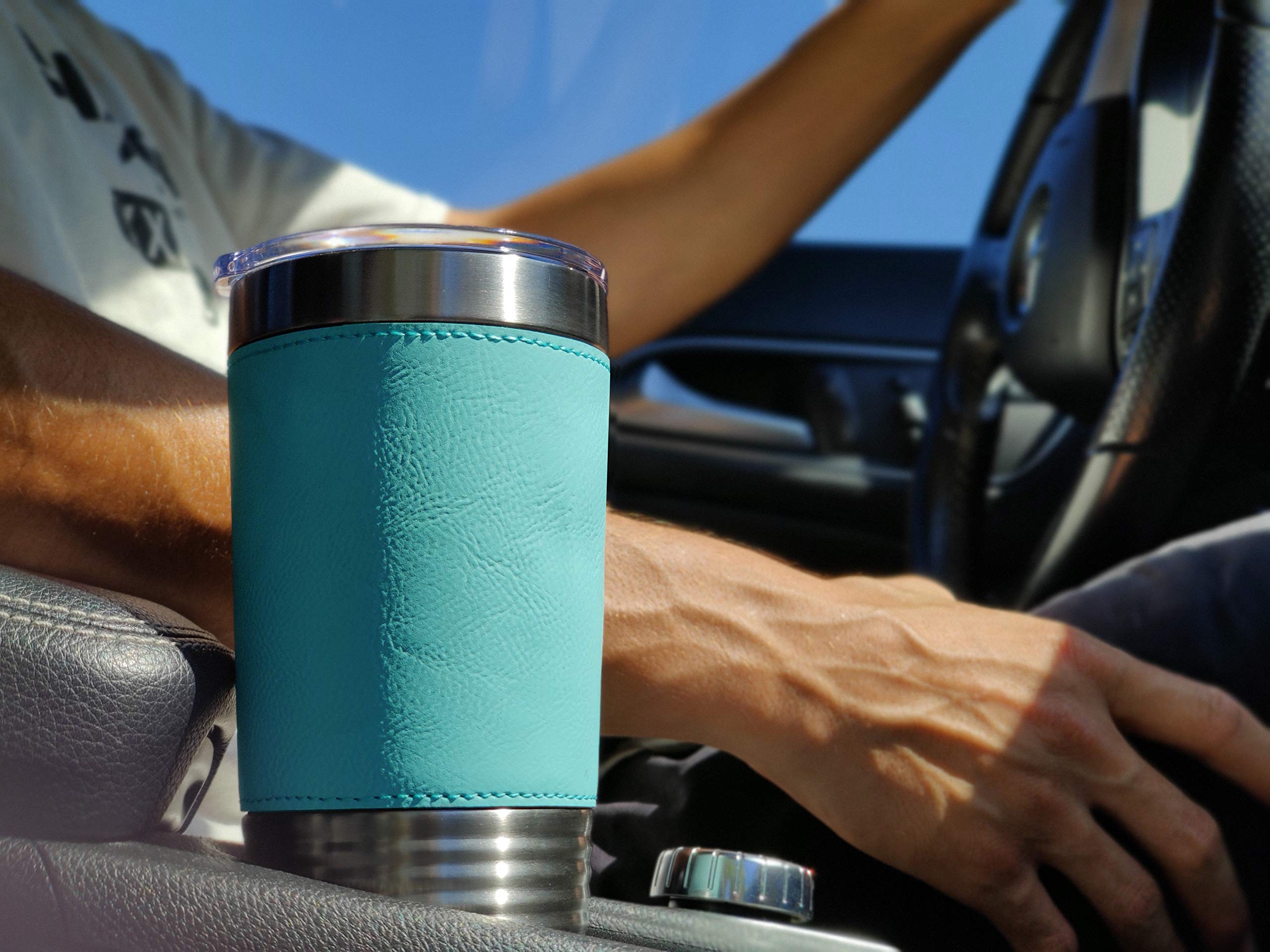 LaserGram 20oz Vacuum Insulated Stainless Steel Tumbler Mug with Horse Head Design - Personalized Engraving, Faux Leather Handle, Teal Color - Perfect for Coffee, Tea & Cold Drinks at Home, Office or Travel