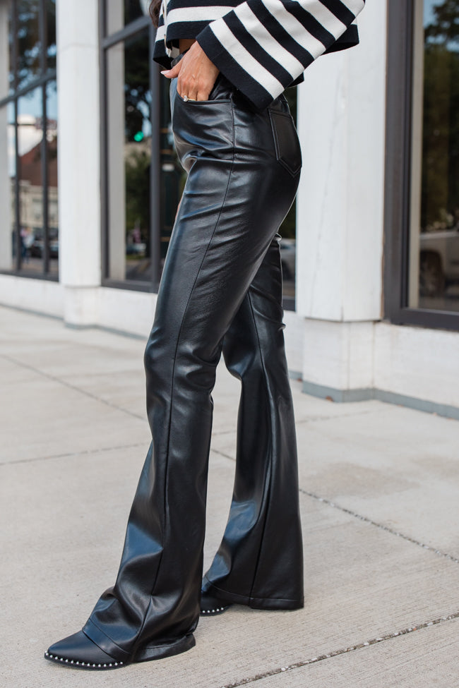 Forevermore Black Faux Leather Flare Pants for Women - High Waisted Stretchy Vegan Leather Pants - Trendy 70s Retro Style for Night Out, Party & Casual Wear - FINAL SALE