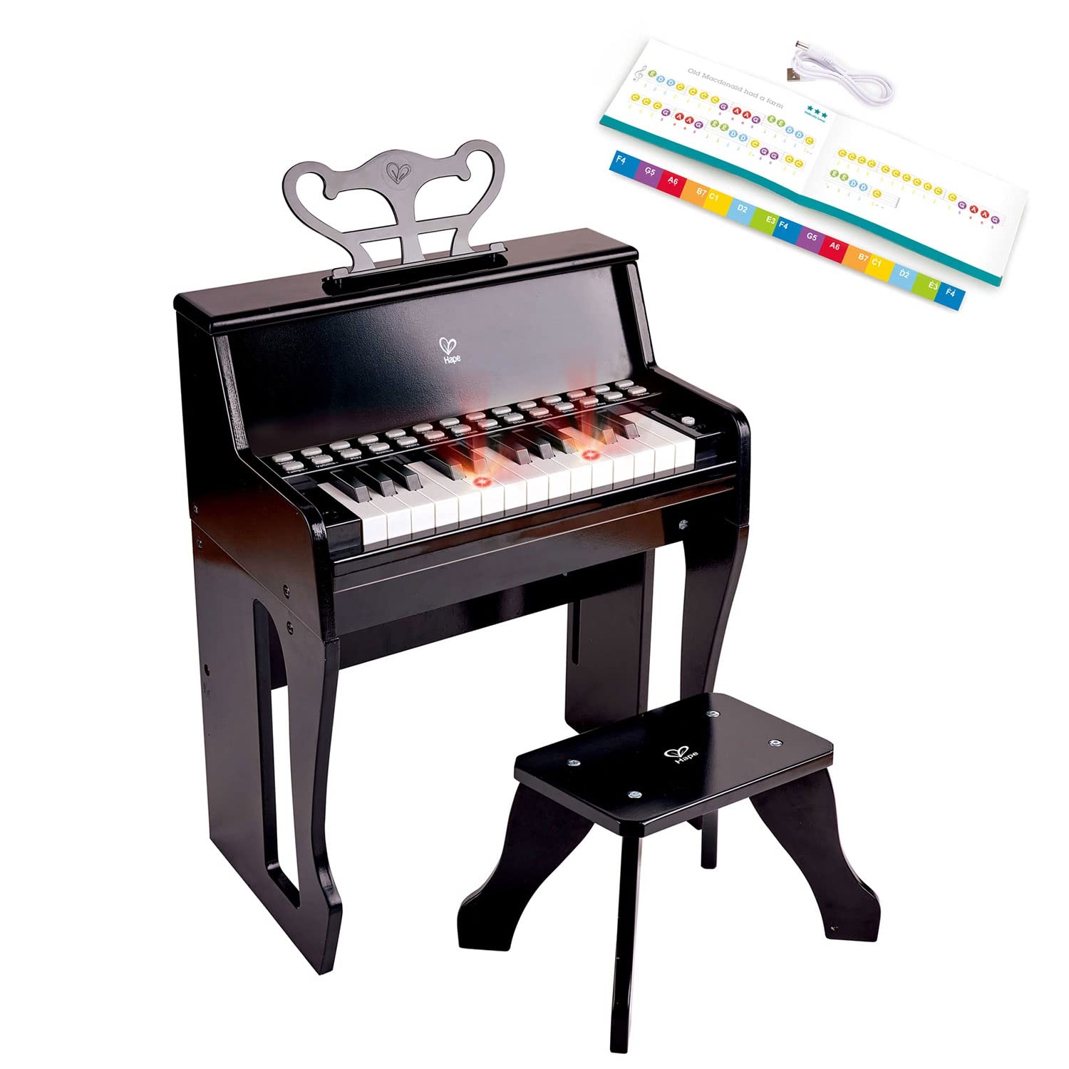Hape Learn with Lights Black Piano with Stool - Kids Musical Toy Keyboard for Early Learning & Play - Perfect for Home, Classroom & Music Enthusiasts