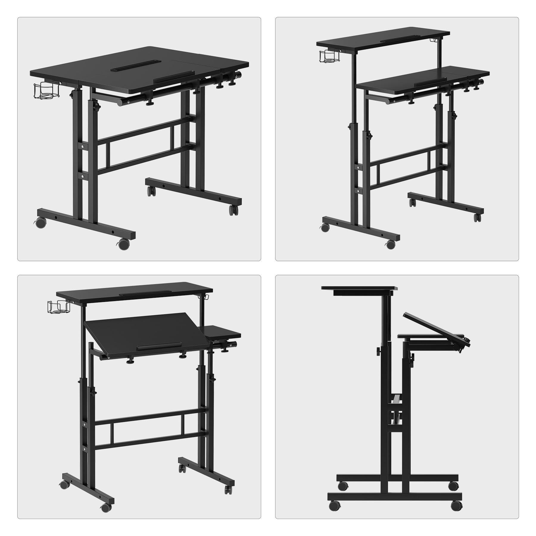 SogesPower Adjustable Laptop Stand for Bed & Sofa - 2-Tier Mobile Standing Desk with Cup Holder & Hooks - Portable Computer Table for Home Office, Dorm Room & Small Spaces (Black)