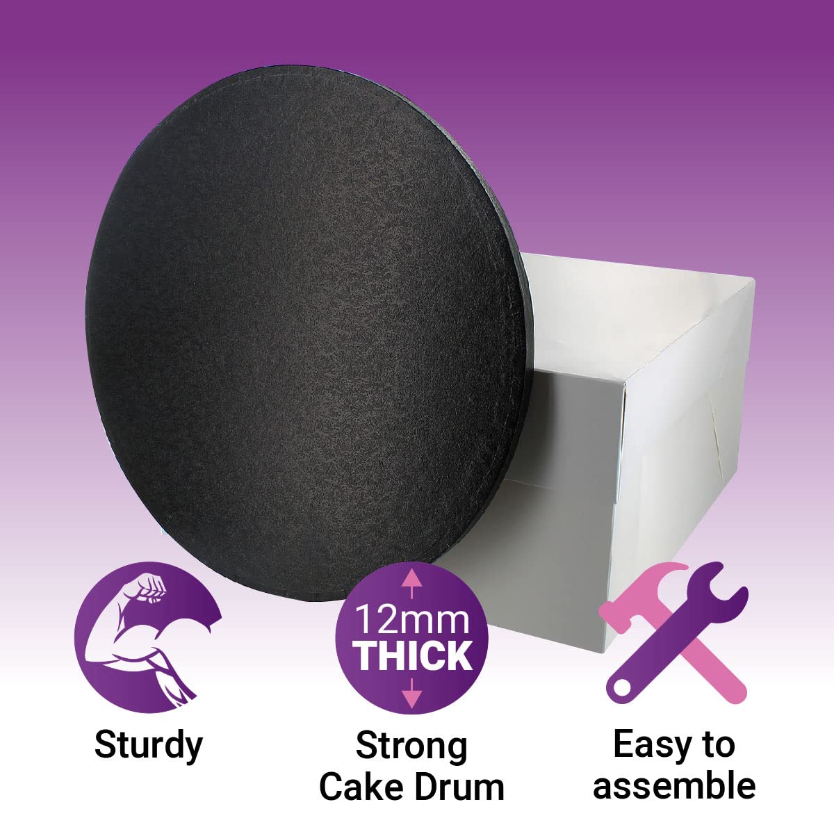Culpitt 12-Inch Round Black Cake Board with White Cake Box - 0.5'' Thick Cake Drum & Matching Transport Box for Birthday, Wedding & Halloween Treats - Durable 13mm Cake Stand for Professional Bakers & Home Bakers