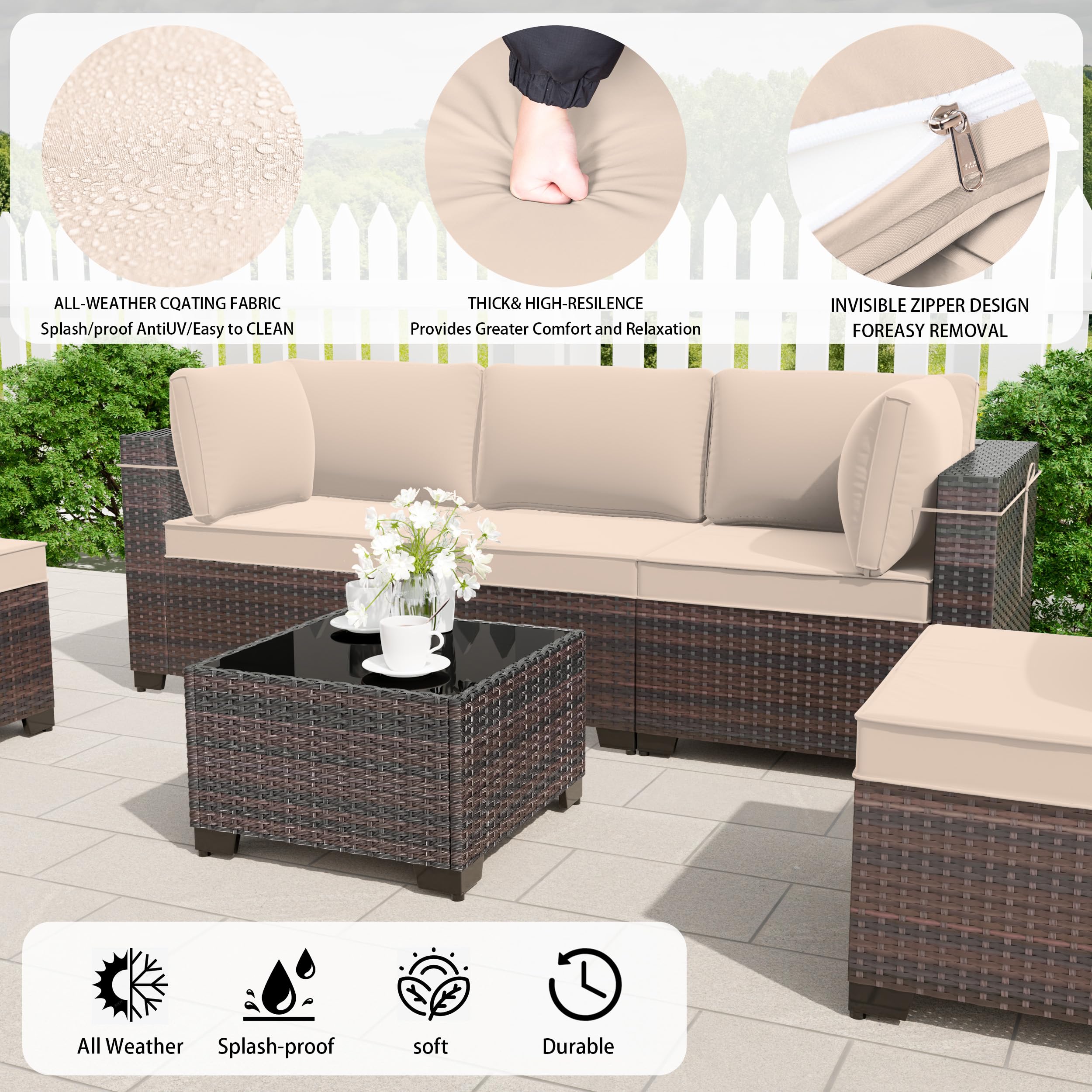 **9-Piece All-Weather Outdoor Patio Furniture Set - PE Wicker Modular Sectional Sofa with Coffee Table & 8 Chairs (Brown) - Perfect for Backyard, Garden, Poolside & Patio Relaxation**