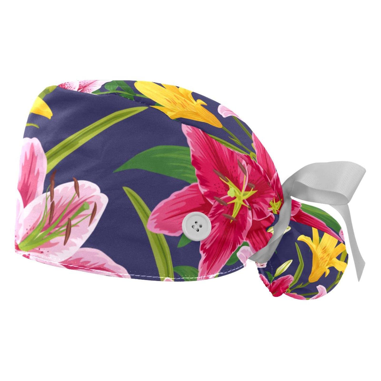Flamingo Green Surgical Scrub Hats for Women & Men - 2 Pack Unisex Medical Caps with Button Closure, Sweatband & Long Hair Tie Back - Perfect for Nurses, Doctors, Healthcare Workers & Veterinary Professionals