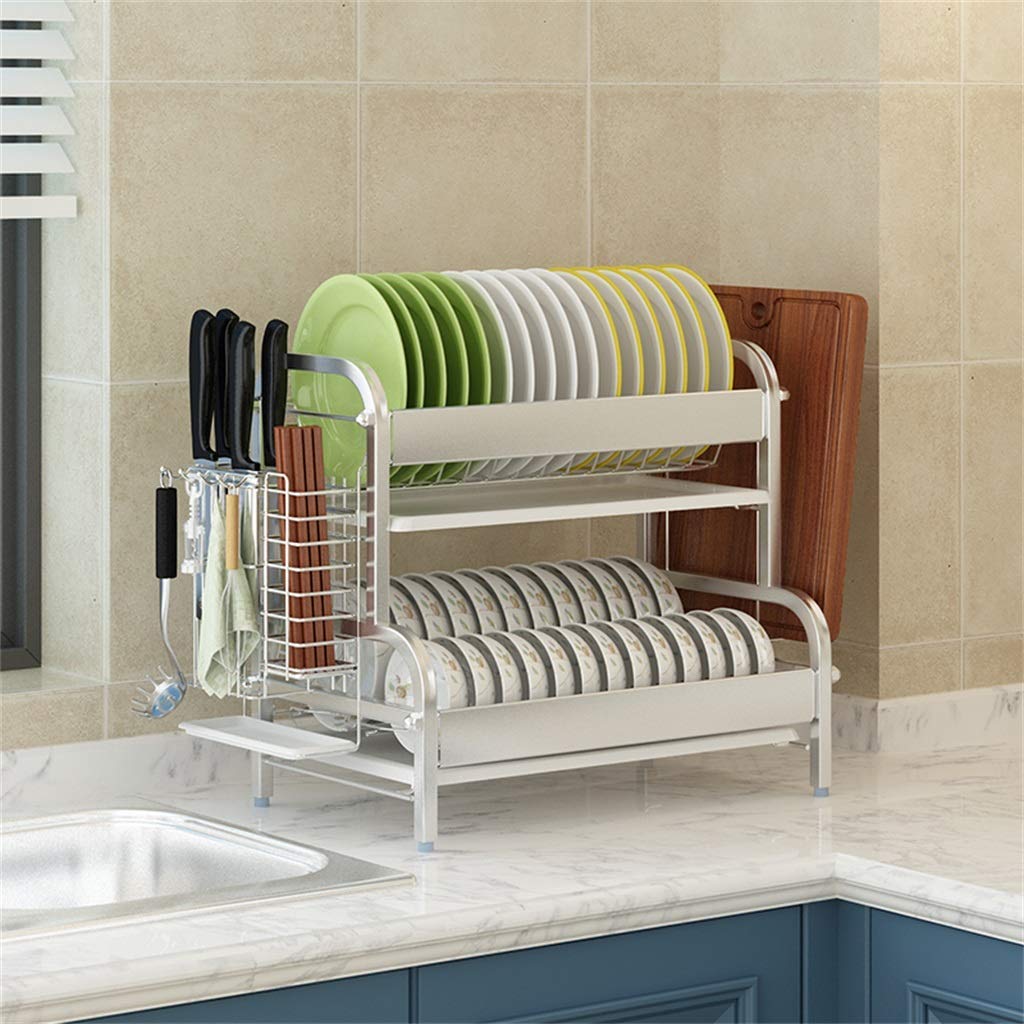2-Tier Stainless Steel Dish Drying Rack with Cutlery Holder - Space Saving Kitchen Organizer for Countertop, Sink Drainer for Dishes, Utensils & Cups - Perfect for Small Kitchens, Apartments & RVs