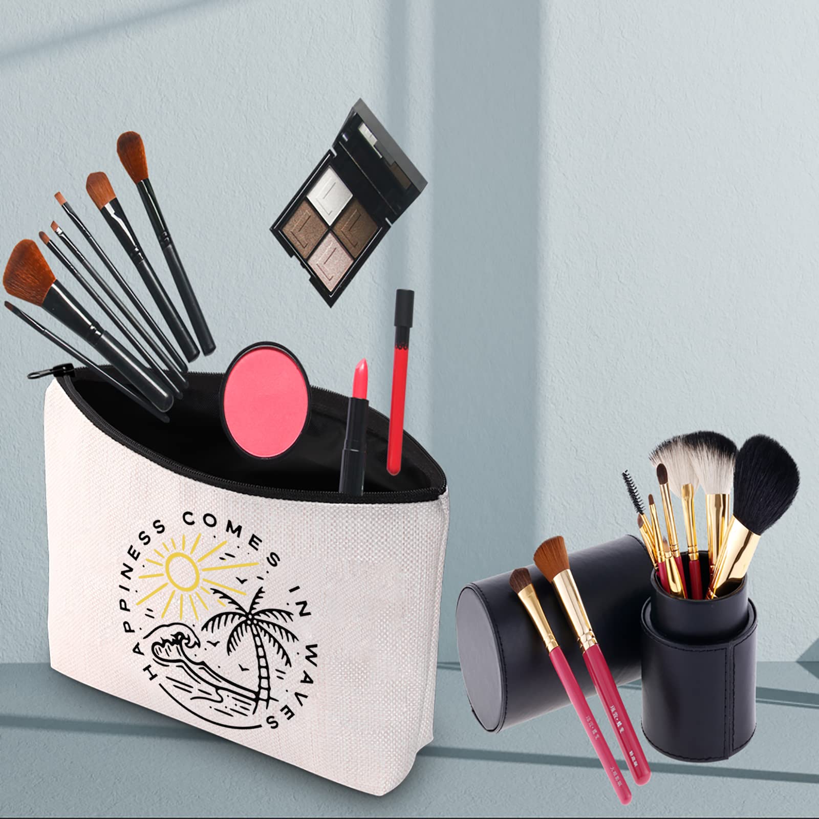 PWHAOO Summer Ocean Themed Zipper Pouch - Waterproof Cosmetic & Makeup Travel Bag with 'Happiness Comes in Waves' Design - Perfect for Beach Vacations, Pool Parties & Summer Essentials Storage