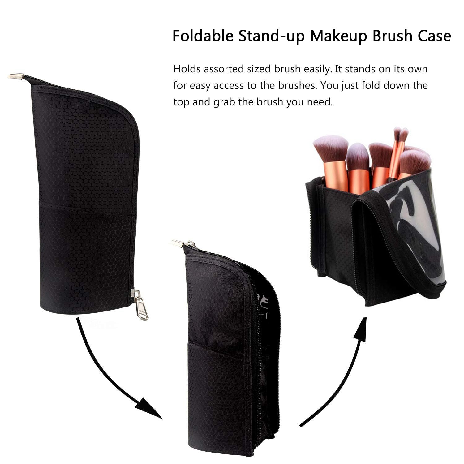 Professional Makeup Brush Case - Large Travel Cosmetic Brush Holder Bag, Waterproof Foldable Stand-up Organizer for Makeup Artists & Essentials (Black, Large) | Perfect for Travel, Home Storage & Professional Use