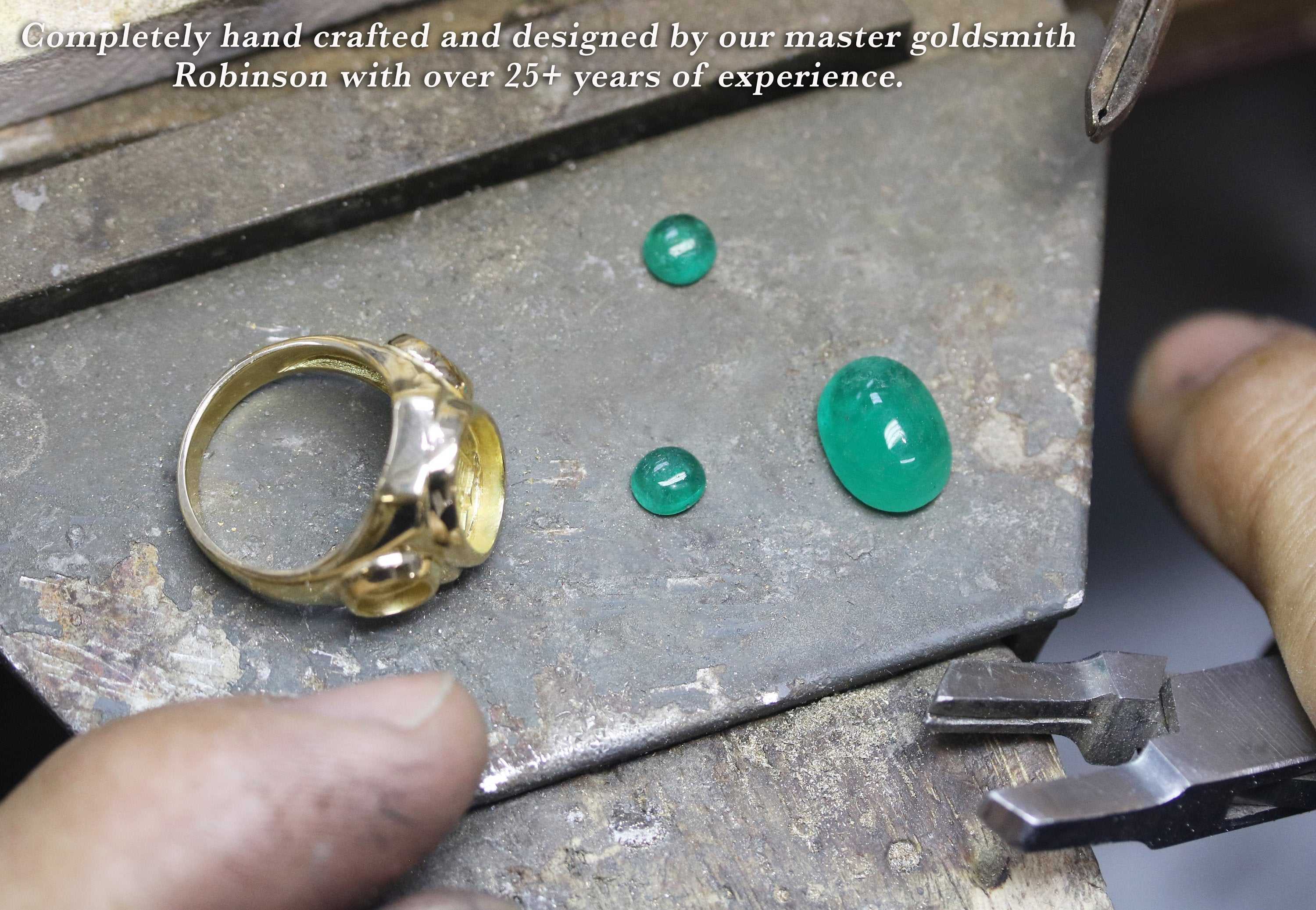 10.35tcw Three Stone Colombian Emerald Cabochon Men's Ring in 14K Gold - Perfect for Weddings, Anniversaries & Luxury Gifts