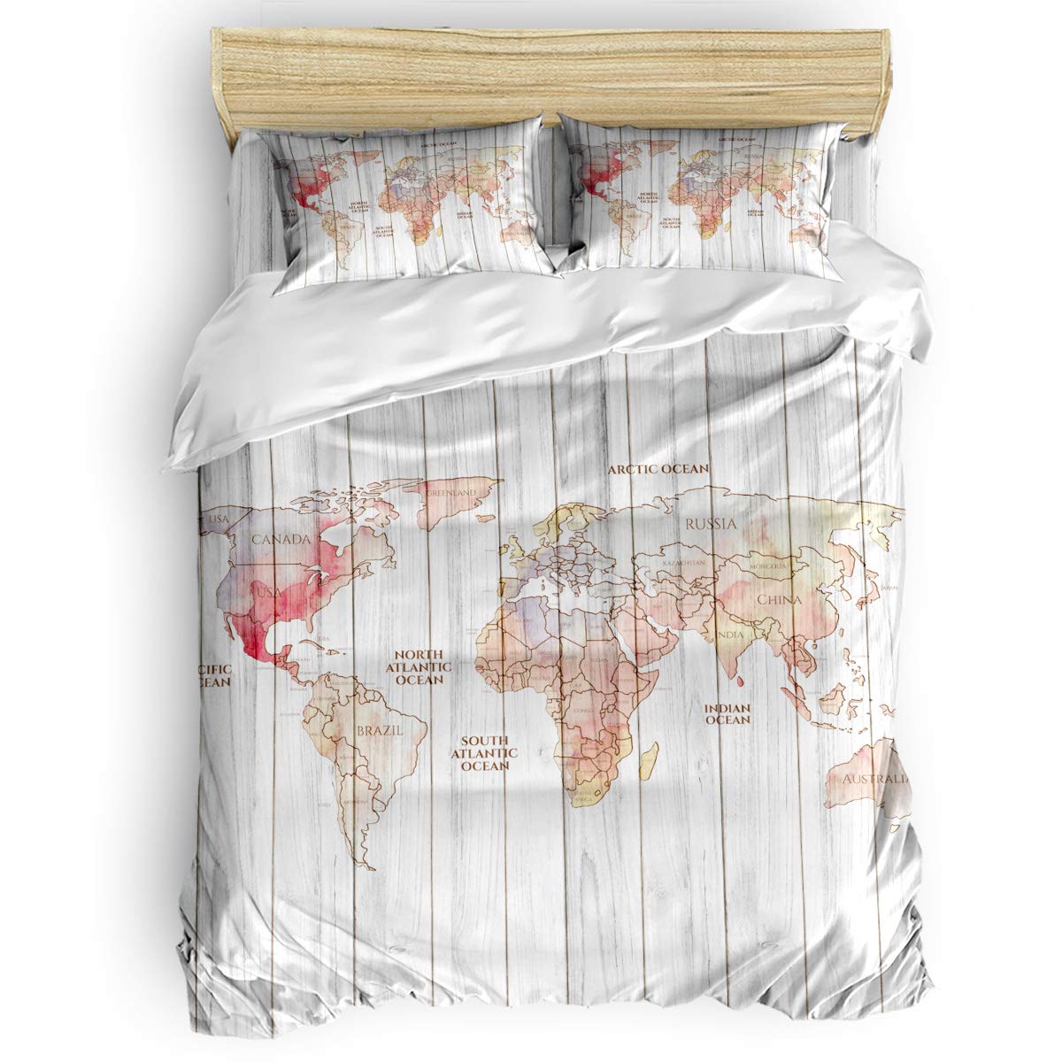 Laibao Home 4-Piece Wood Grain World Map Printed Bedding Set - Queen Size Soft Duvet Cover, Flat Sheet & Pillowcases for Kids, Teens & Adults | Perfect for Nursery, Dorm Room or Travel