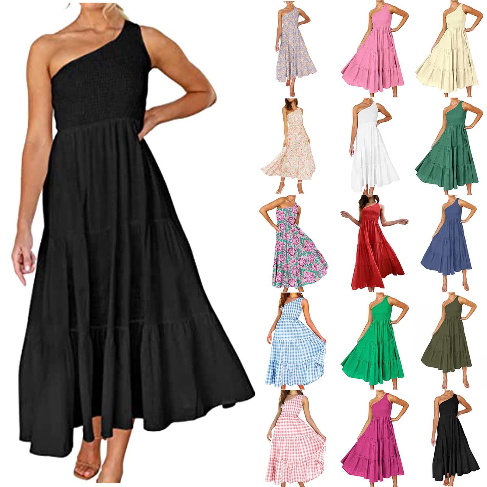 One Shoulder Dresses for Women - Elegant Flowy A-Line Sundress with Gingham Print | Perfect for Beach Vacations, Summer Parties & Casual Date Nights