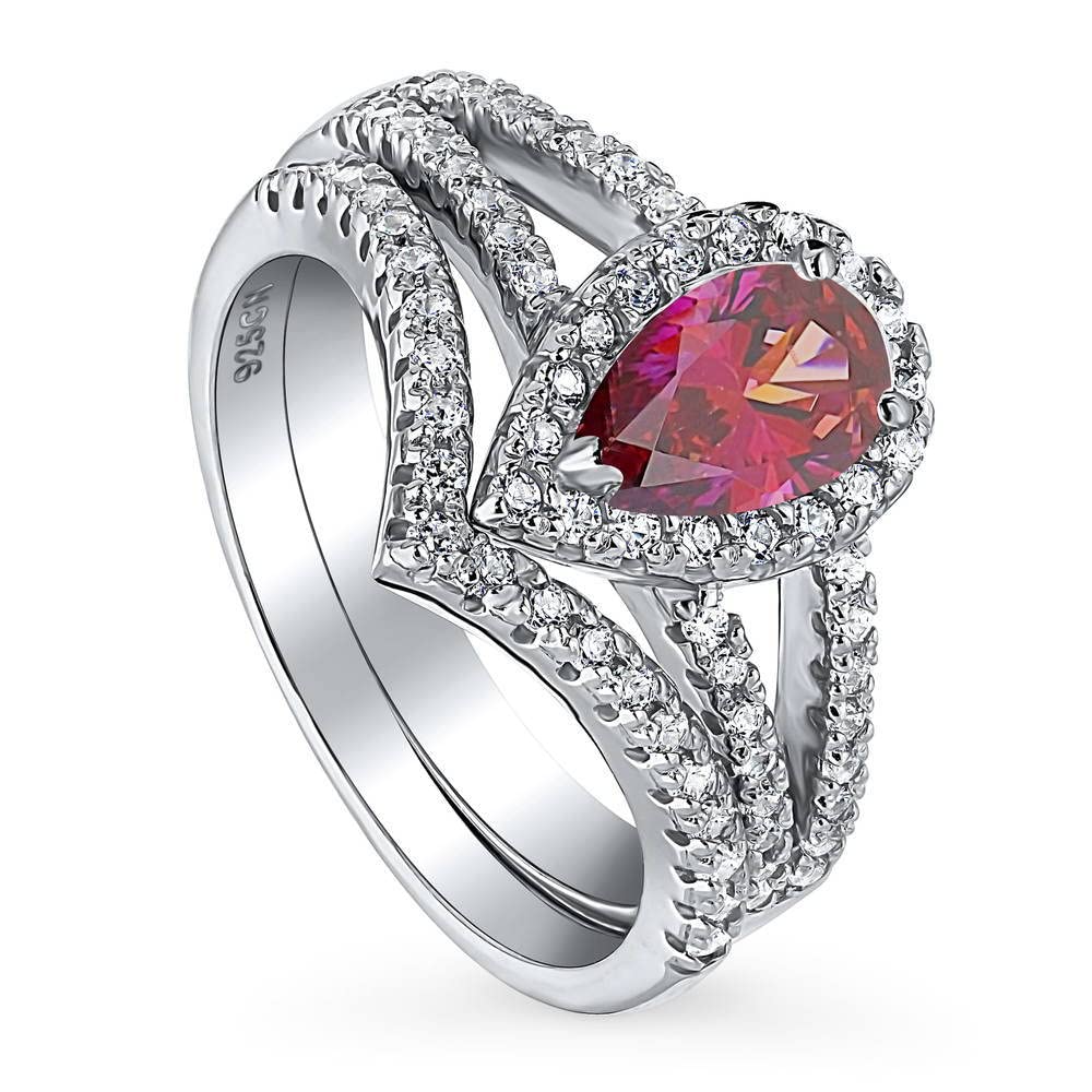 BERRICLE Sterling Silver Halo Wedding & Engagement Ring Set for Women - Red Pear Cut Cubic Zirconia CZ Wishbone Split Shank Design, Rhodium Plated (Size 4-10) | Perfect for Proposals, Anniversaries & Special Occasions