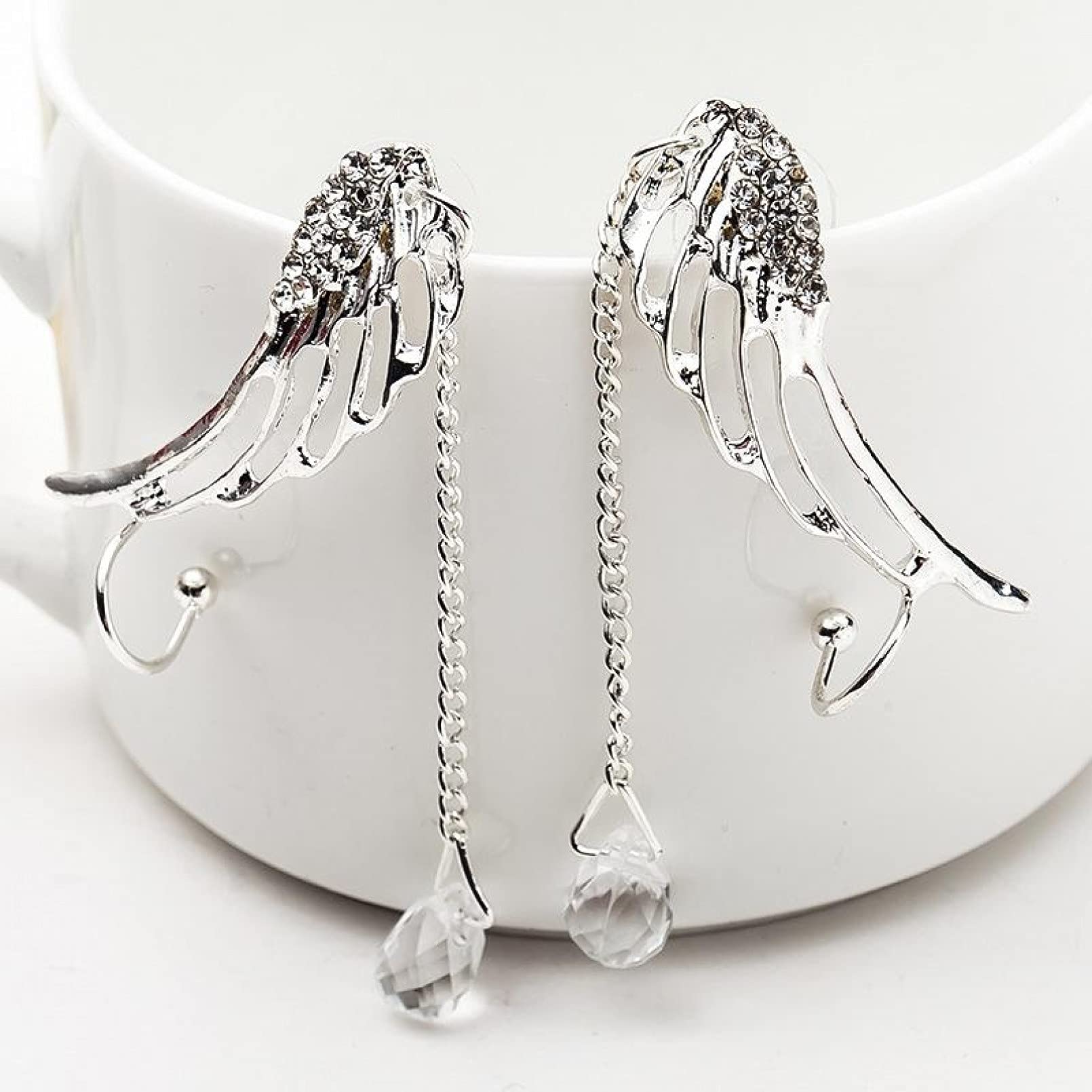 Silver Fairy Wing Drop Crystal Stud Earrings for Women – Elegant Long Angel Wing Jewelry Gift for Girlfriend, Wife, Sister, Daughter, Mother – Perfect for Weddings, Parties, and Special Occasions