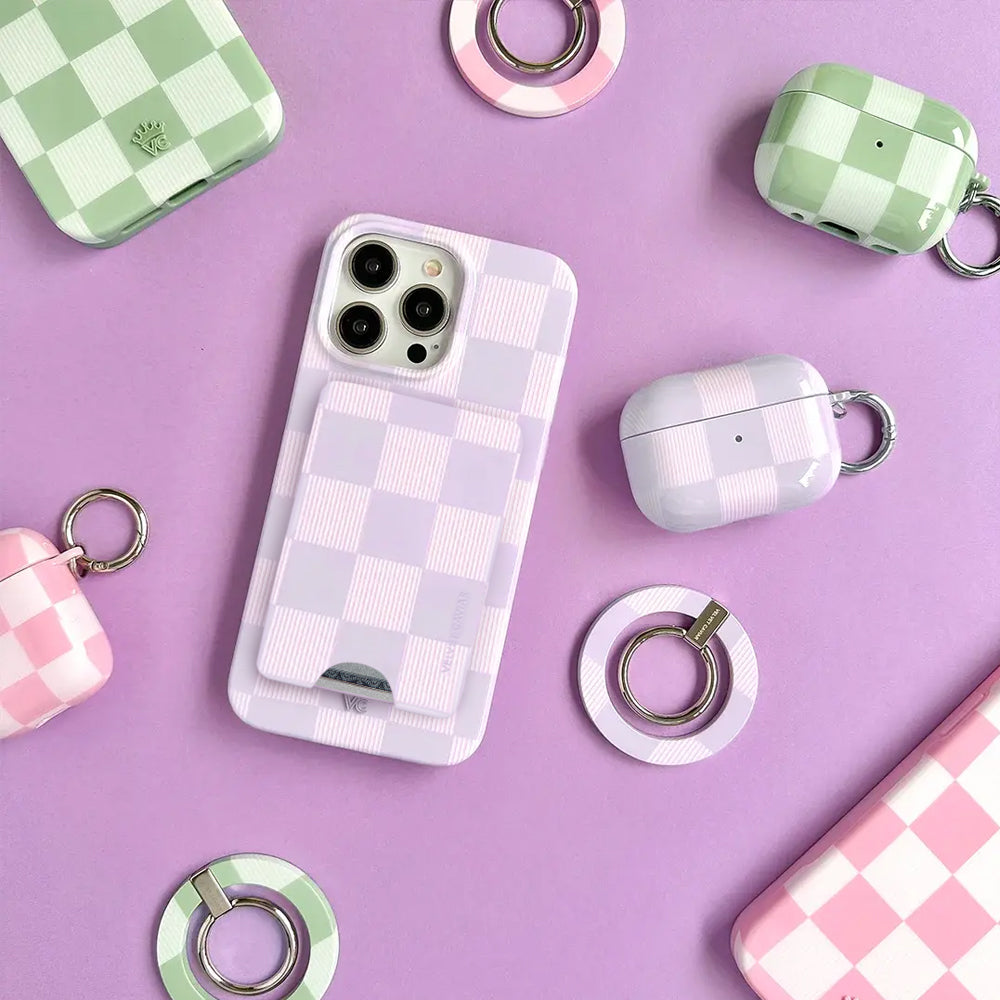 Lilac Vibe Checkered MagSafe Wallet for iPhone - Slim RFID Blocking Credit Card Holder with Strong Magnetic Attachment (Perfect for Travel, Shopping & Everyday Use)