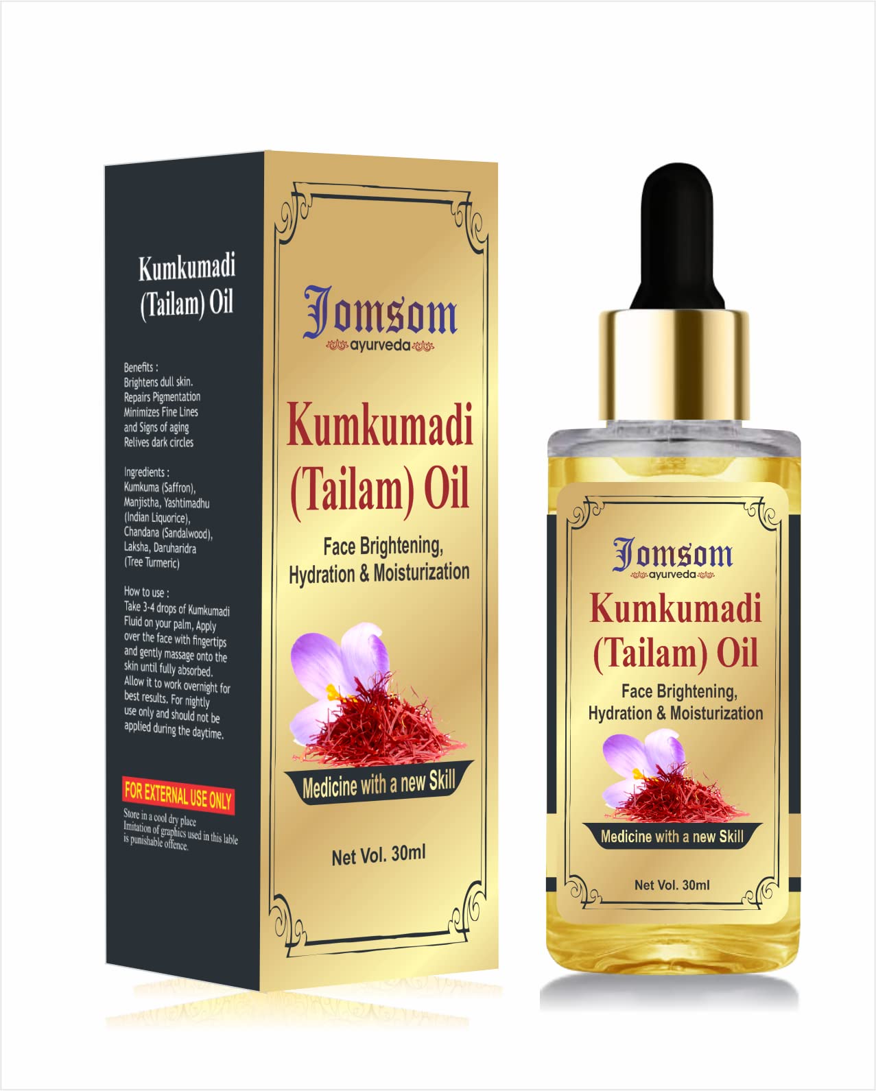 Jomsom Ayurveda 100% Herbal Kumkumadi Tailam Face Serum with Pure Tree Turmeric, Sandalwood & Saffron - Ayurvedic Kumkumadi Face Oil for Glowing Skin (30ml) | Brightening, Anti-Aging & Hydrating Treatment for Daily Skincare Routine