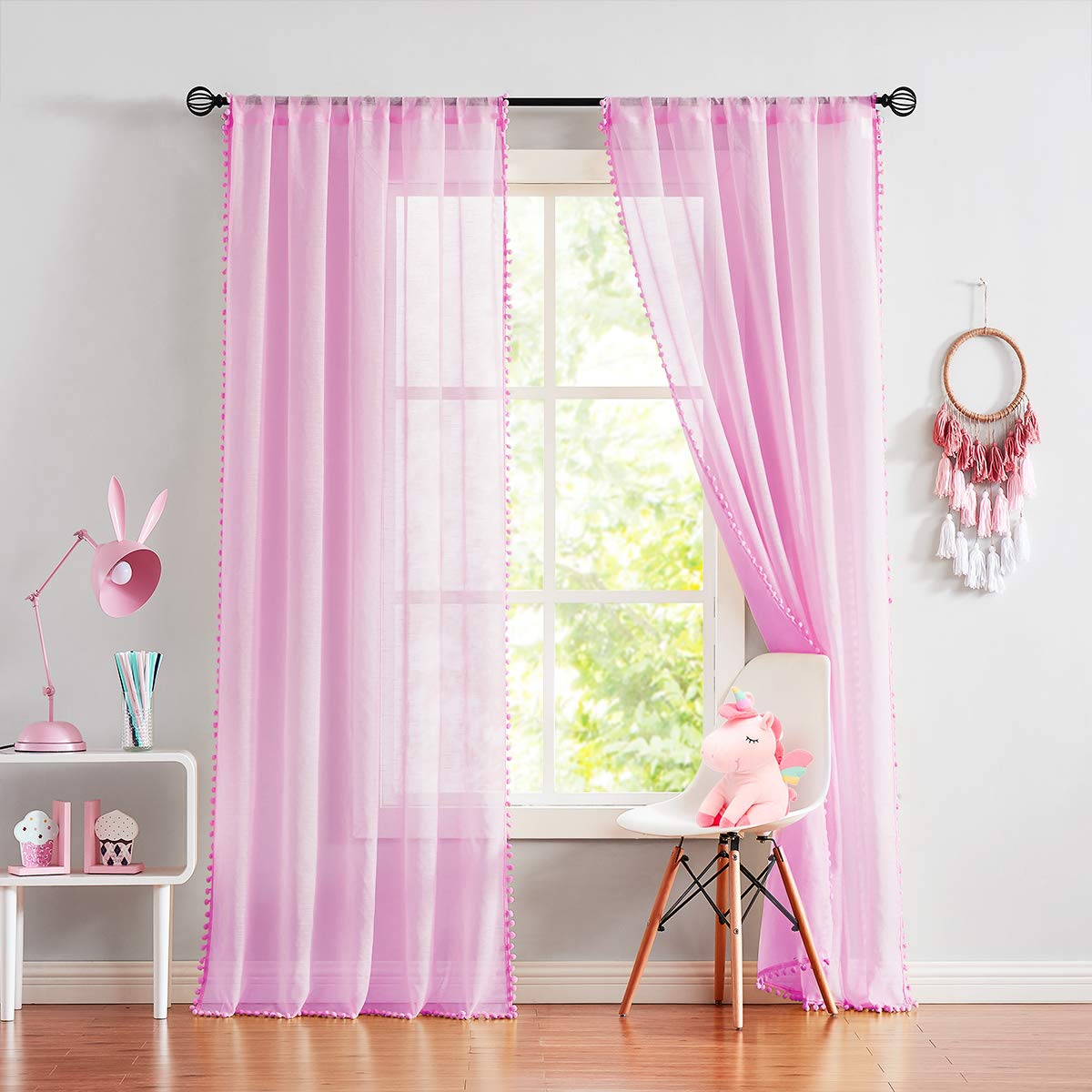 Pink Sheer Curtains for Girls Room - 108 Inch Long Window Drapes with Cute Pom Pom Trim, 52