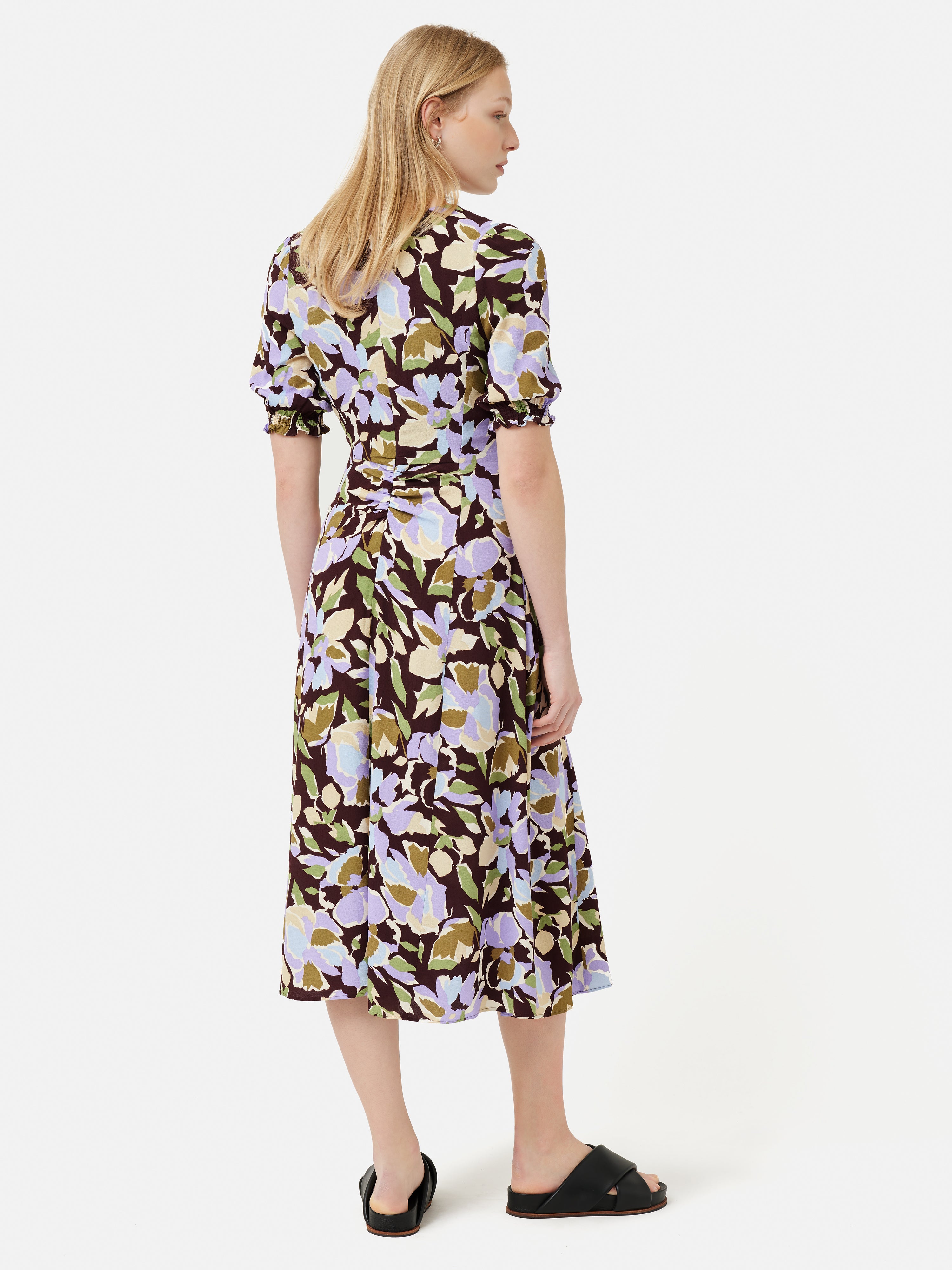Elegant Deep Plum Pansy Print Crepe Tea Dress for Women - Perfect for Garden Parties, Afternoon Tea & Special Occasions