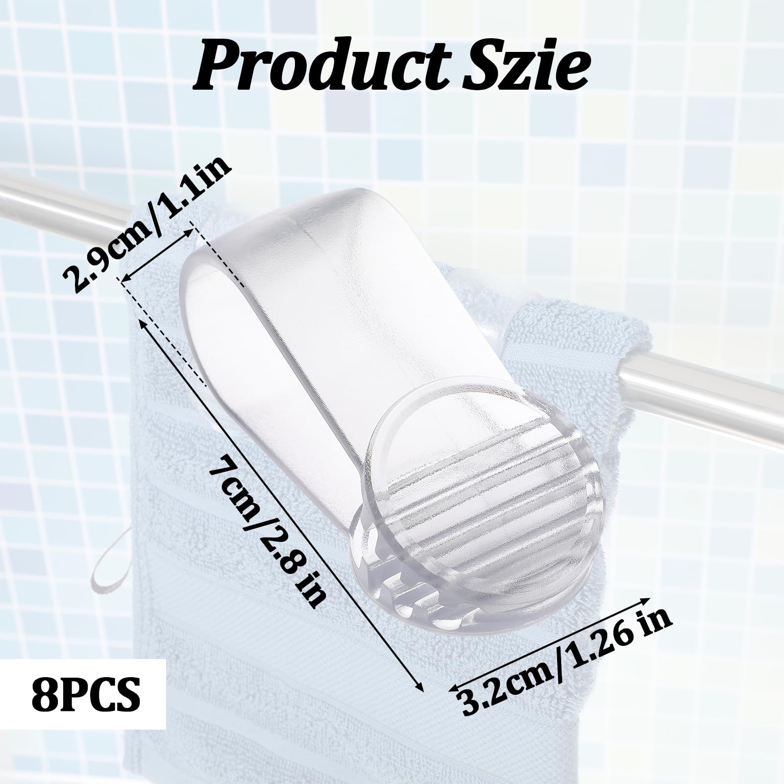 8 Pack Clear Towel Clips for Kitchen & Bathroom - Strong Grip Towel Clamps for Hand Towels, Chair Towels & Clothing - Perfect for Organizing Towels on Racks, Rods or Hanging Storage (Transparent)