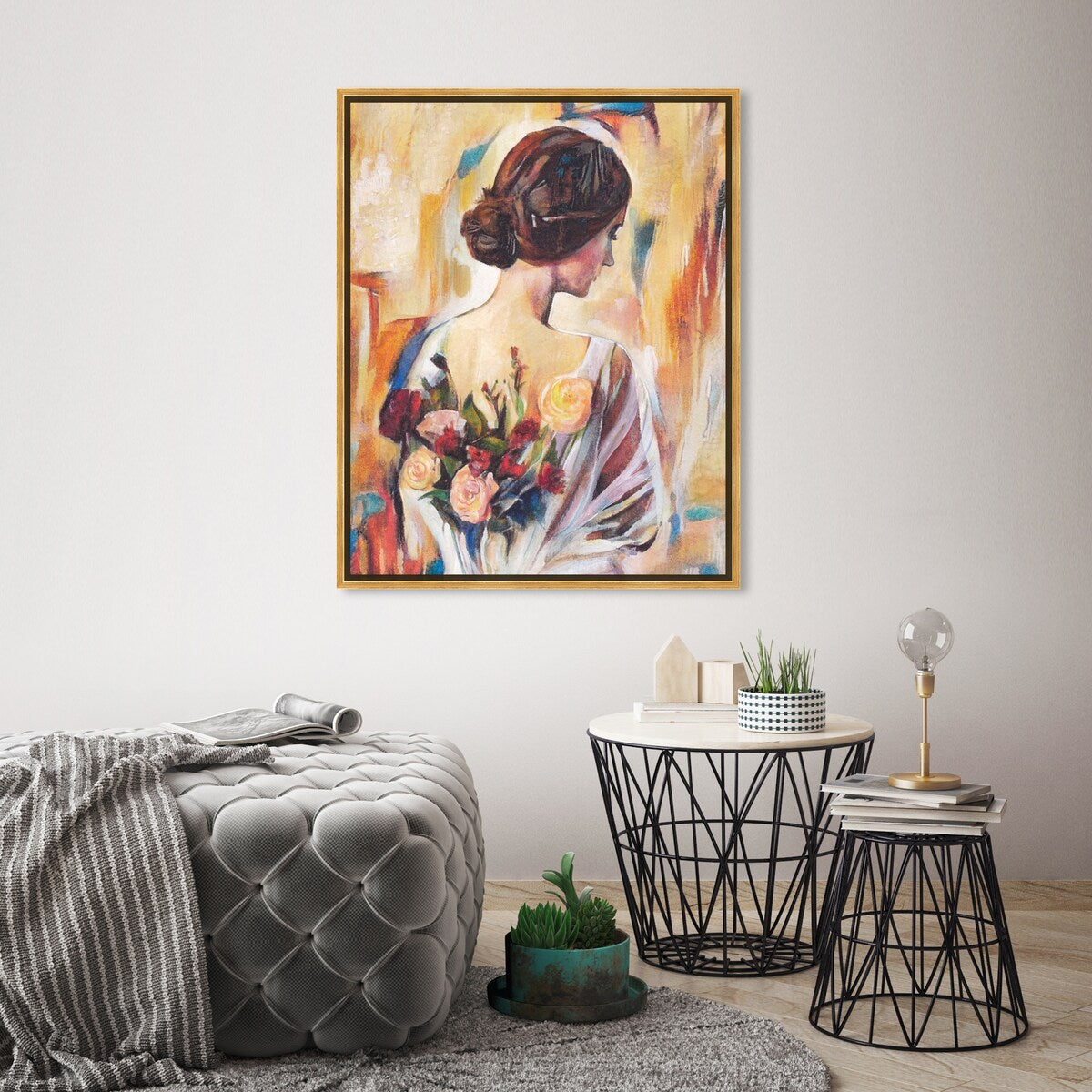 Modern White Framed Canvas Wall Art Print - Floral Back and Flowers Design for Women, Elegant Home Decor for Bedroom, Living Room & Office