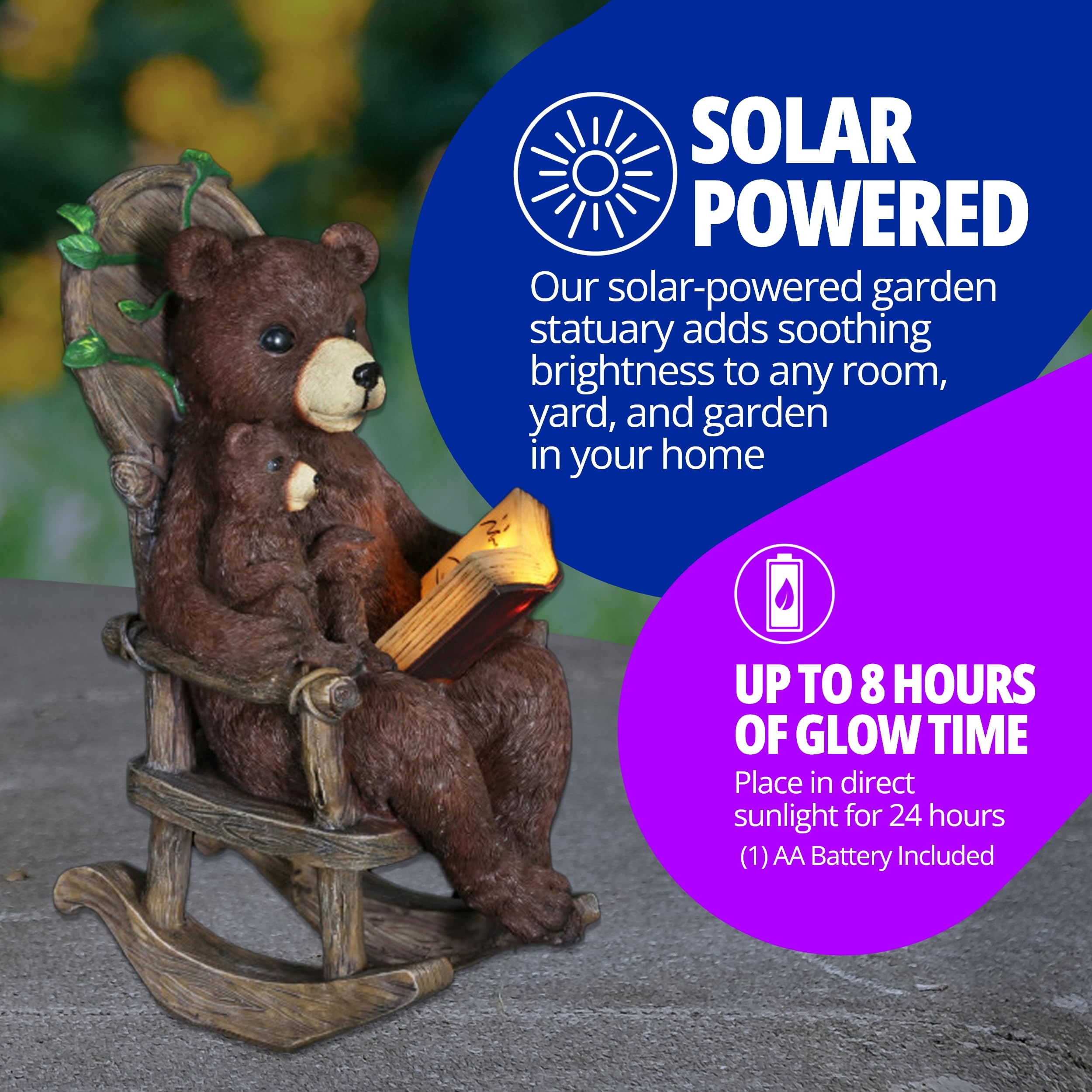 Solar-Powered Bear Family Reading Statue with LED Book – Outdoor Garden Decoration for Patio, Lawn & Yard – 9 x 12.5 Inch Exhart Garden Sculpture – Perfect for Storybook Gardens & Cozy Outdoor Spaces