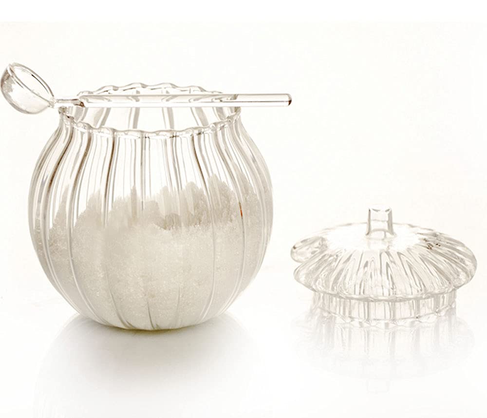 Clear Glass Striped Sugar Bowl with Lid and Spoon - Perfect for Coffee, Tea, and Kitchen Seasoning Storage