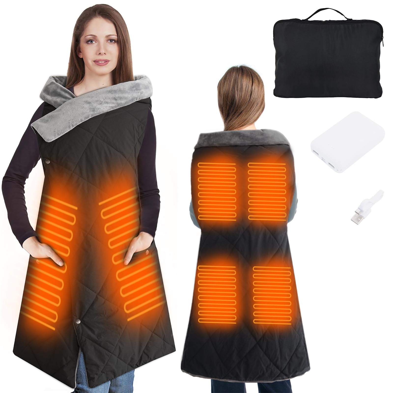 Battery Operated Heated Blanket - USB Powered Fast Heating Wearable Blanket for Camping & Travel, Wireless Water Resistant Heated Shawl, Portable Cordless Electric Throw Blanket for Home, Office & Outdoor Use