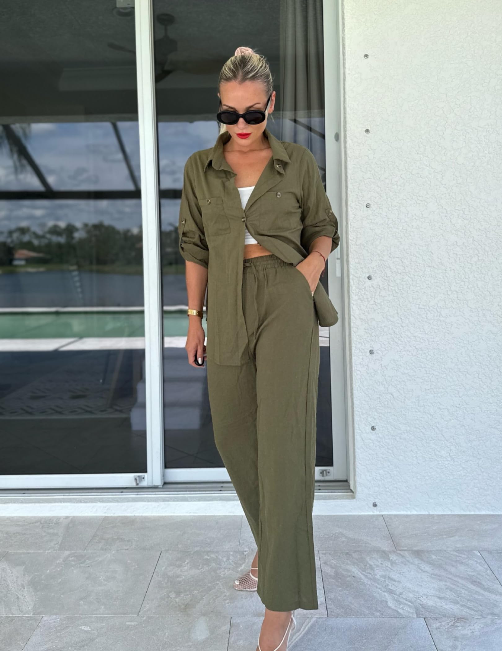 Zeagoo Women's 2-Piece Linen Outfit Set - Button Down Shirt & Drawstring Long Pants for Summer 2023 | Casual Beachwear, Vacation Outfits & Boho Chic Style