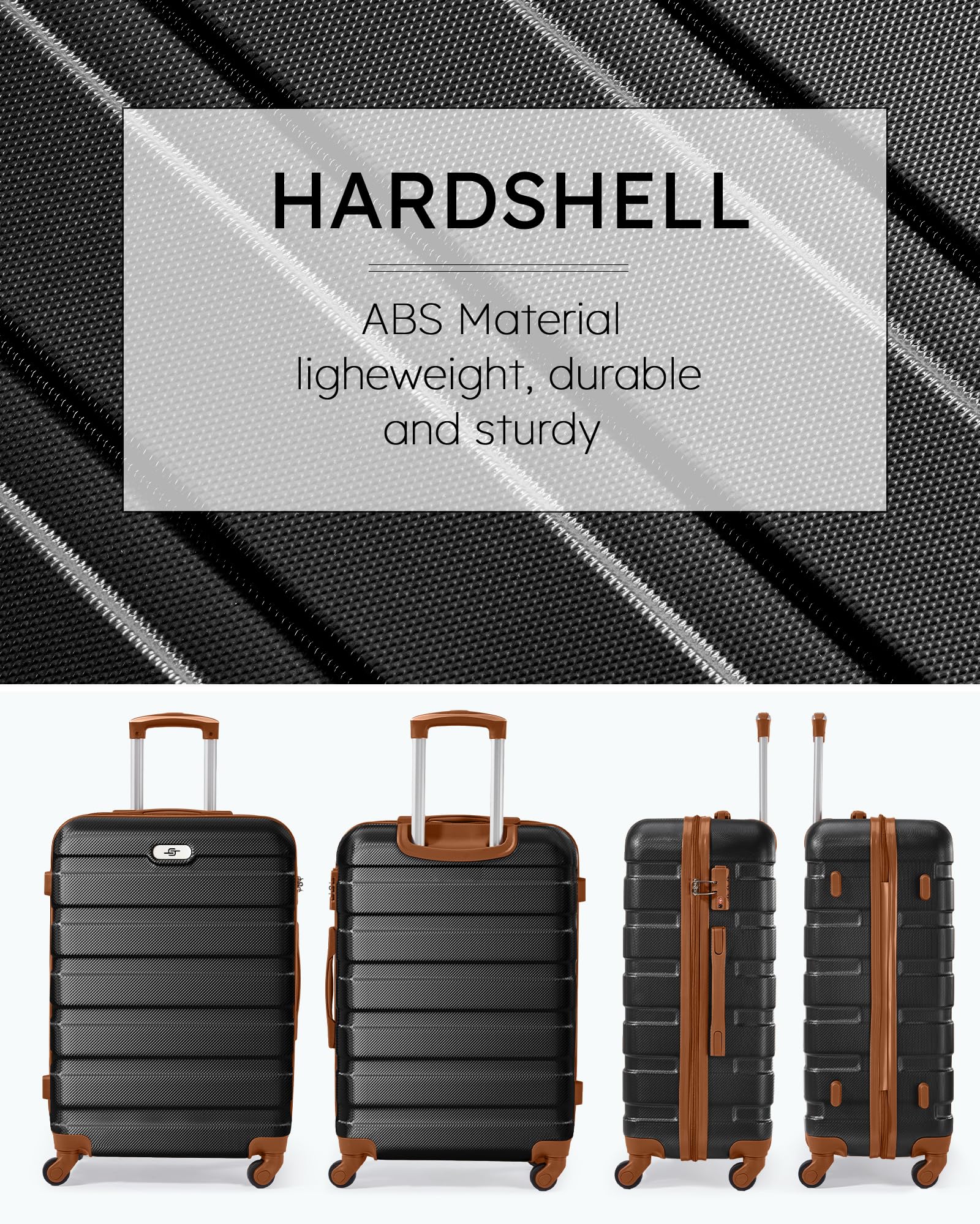 Suitour 3-Piece Hard Shell Luggage Set with 360° Spinner Wheels & TSA Lock - 20/24/28 Inch Carry On Checked Suitcases (Black/Brown) for Business Travel, Family Vacations & International Trips