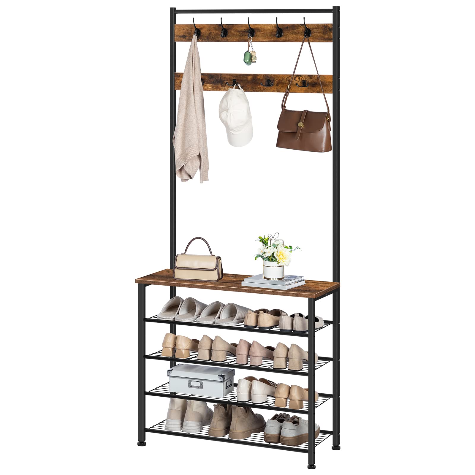 HOOBRO Industrial Hall Tree with Bench - 5-Tier Shoe Storage & 9-Hook Coat Rack for Entryway, Closet - Rustic Brown & Black BF80MT01G2 - Perfect for Mudroom Organization & Small Space Entry Solutions