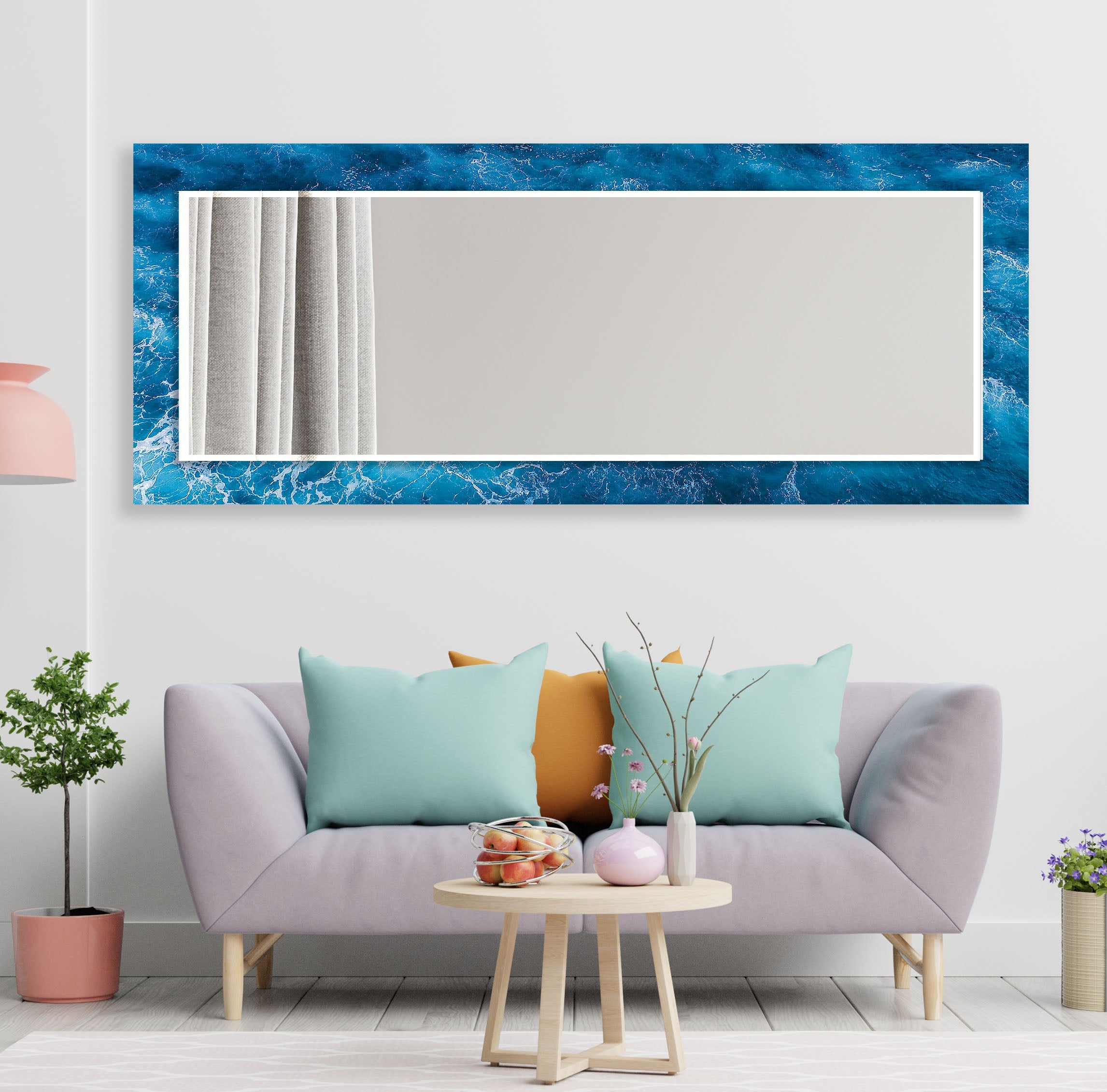 Blue Ocean Wave Wall Mirror - Coastal Decor for Bathroom, Bedroom & Living Room - Stylish Nautical Home Accent for Beach House & Seaside Themed Interiors
