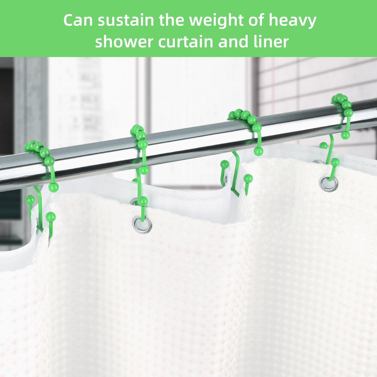 Premium 304 Stainless Steel Shower Curtain Hooks - Set of 12 Double Glide Bathroom Rings for Shower Rods & Curtains, Fluorescent Green (Style A) - Ideal for Bathroom Decor, Spa-Like Showers & Easy Curtain Adjustment