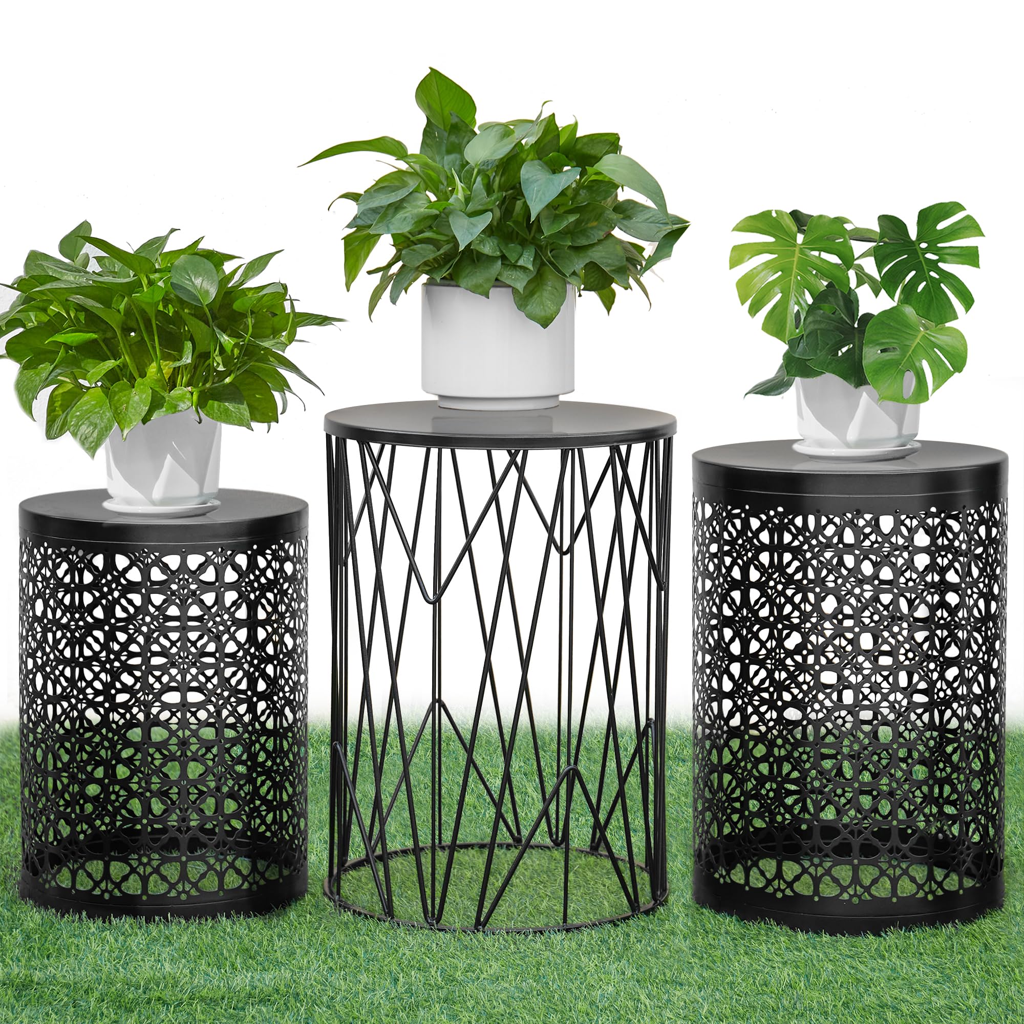 Y&M Set of 3 Black Round Nesting Tables - Space Saving Coffee Table, End Table & Side Table for Living Room, Bedroom, Patio & Outdoor Garden - Carbon Black (Fast US Shipping) | Perfect for Small Spaces, Apartment Decor & Entertaining Guests