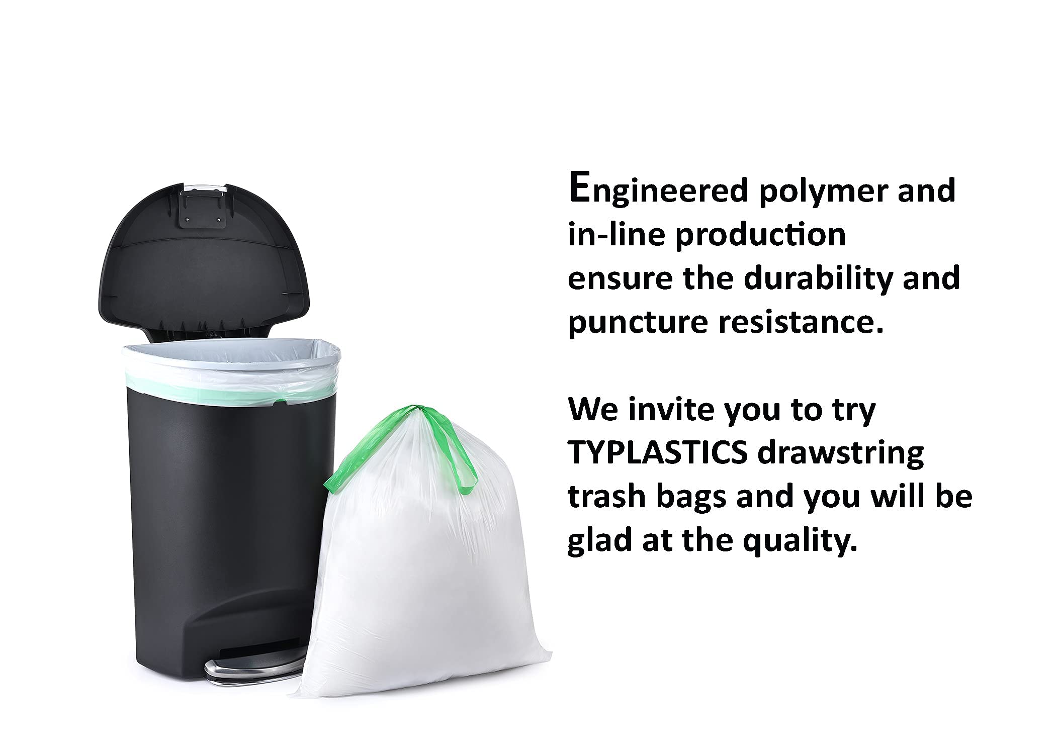TYPLASTICS 30 Gallon Heavy Duty Drawstring Trash Bags - 65 Count, Extra Thick & Leak Proof for Kitchen, Office, Yard Waste - Multipurpose Garbage Bags for Home & Commercial Use