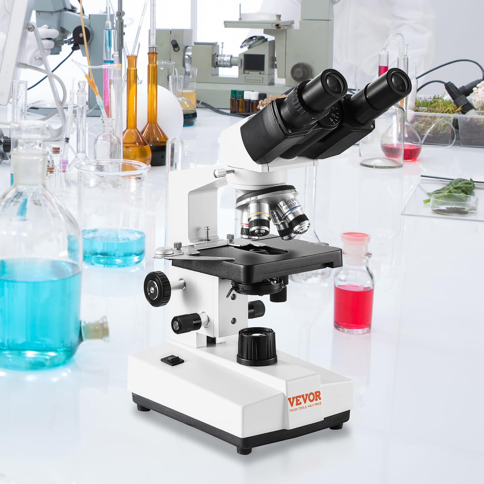 VEVOR Binocular Compound Microscope 40X-2500X Magnification, Professional Lab Microscope with LED Illumination & Phone Adapter - Ideal for Students, Adults, Home & Laboratory Use in Biology, Science Education & Research