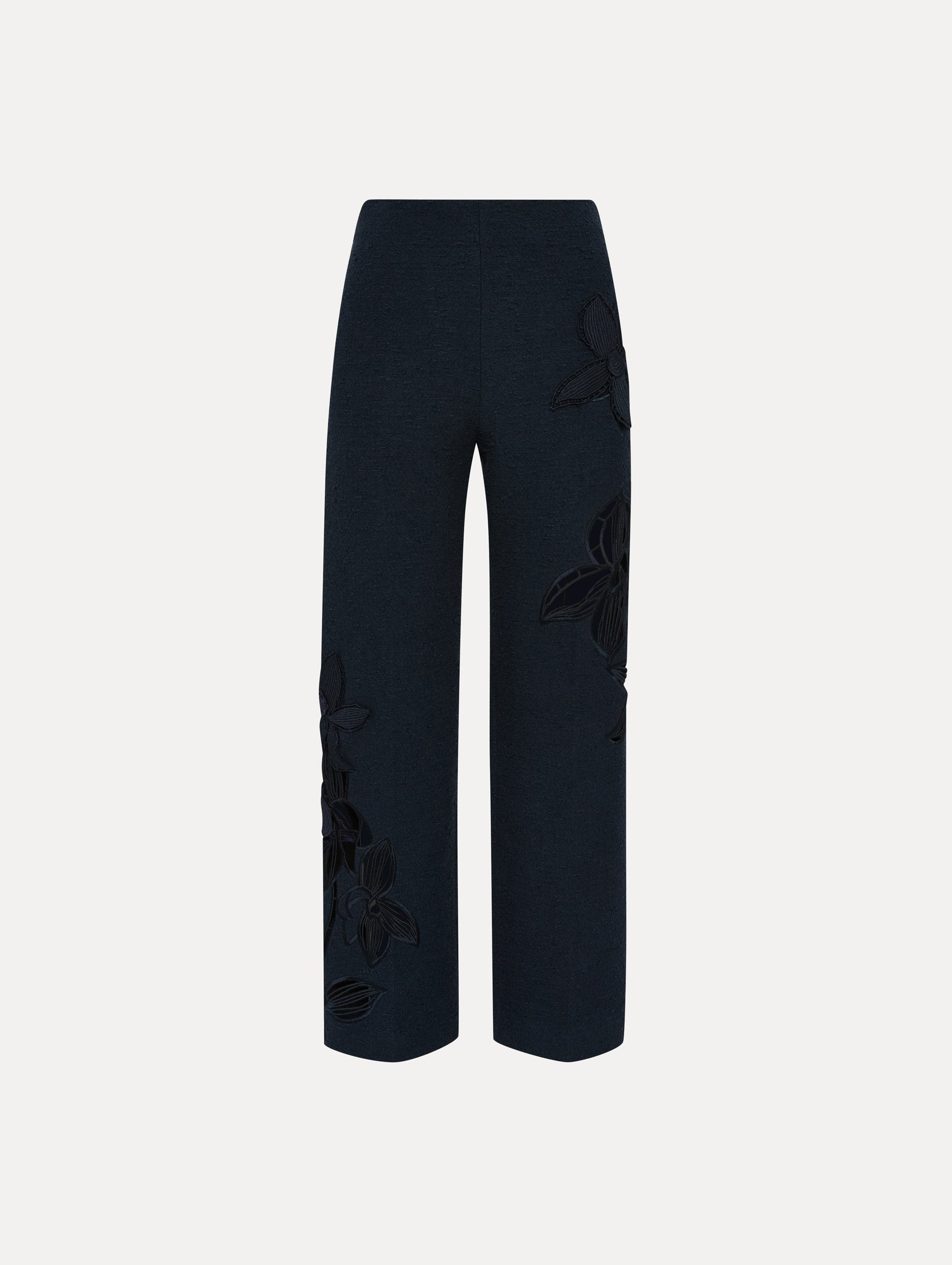 Elegant Orchid Embroidered Tweed Pants for Women - Vintage Floral High Waist Trousers for Office, Party & Casual Wear